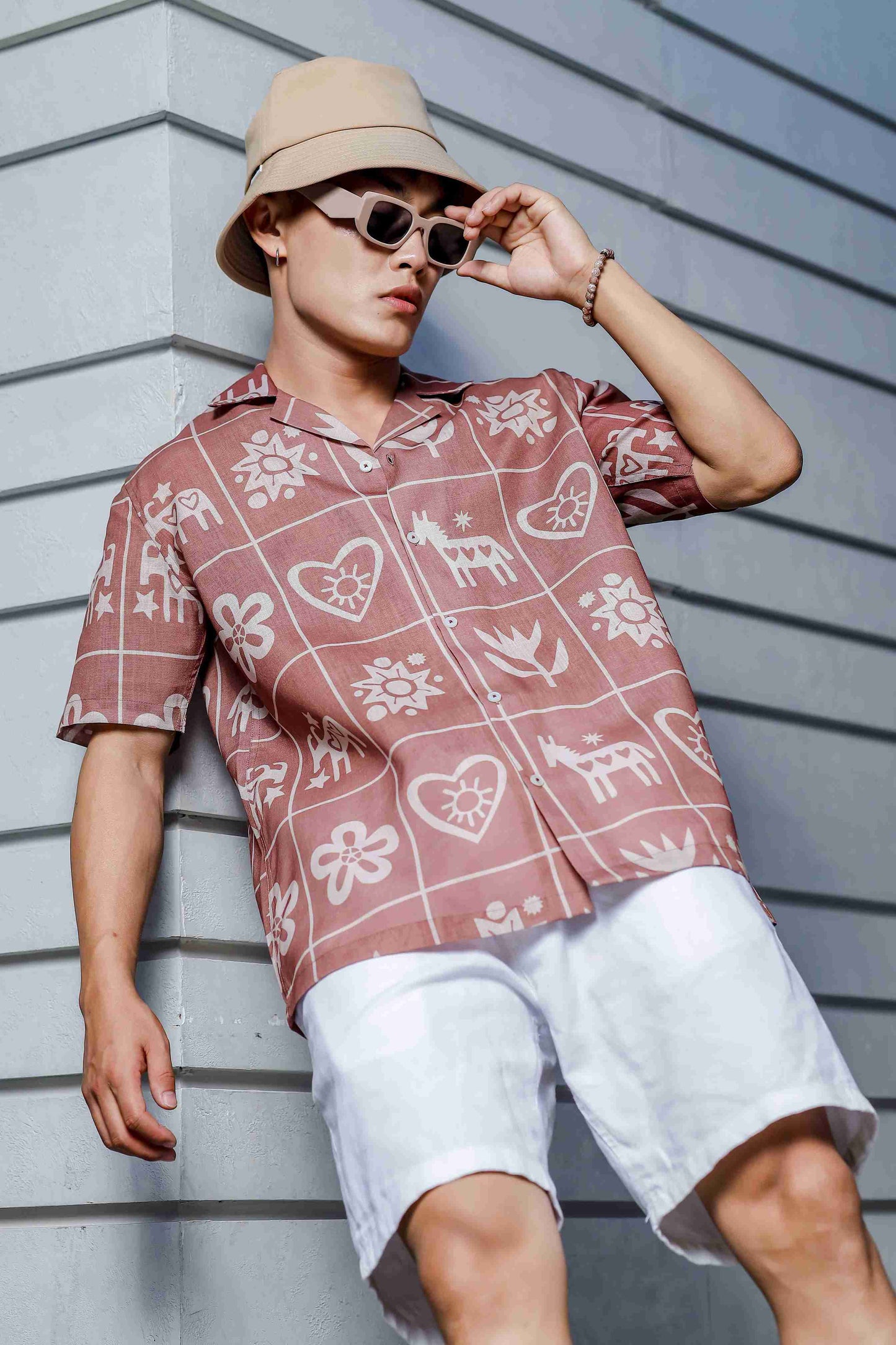 Linen Blend Abstract Tile Print Cuban Collar Oversized Resort Shirt