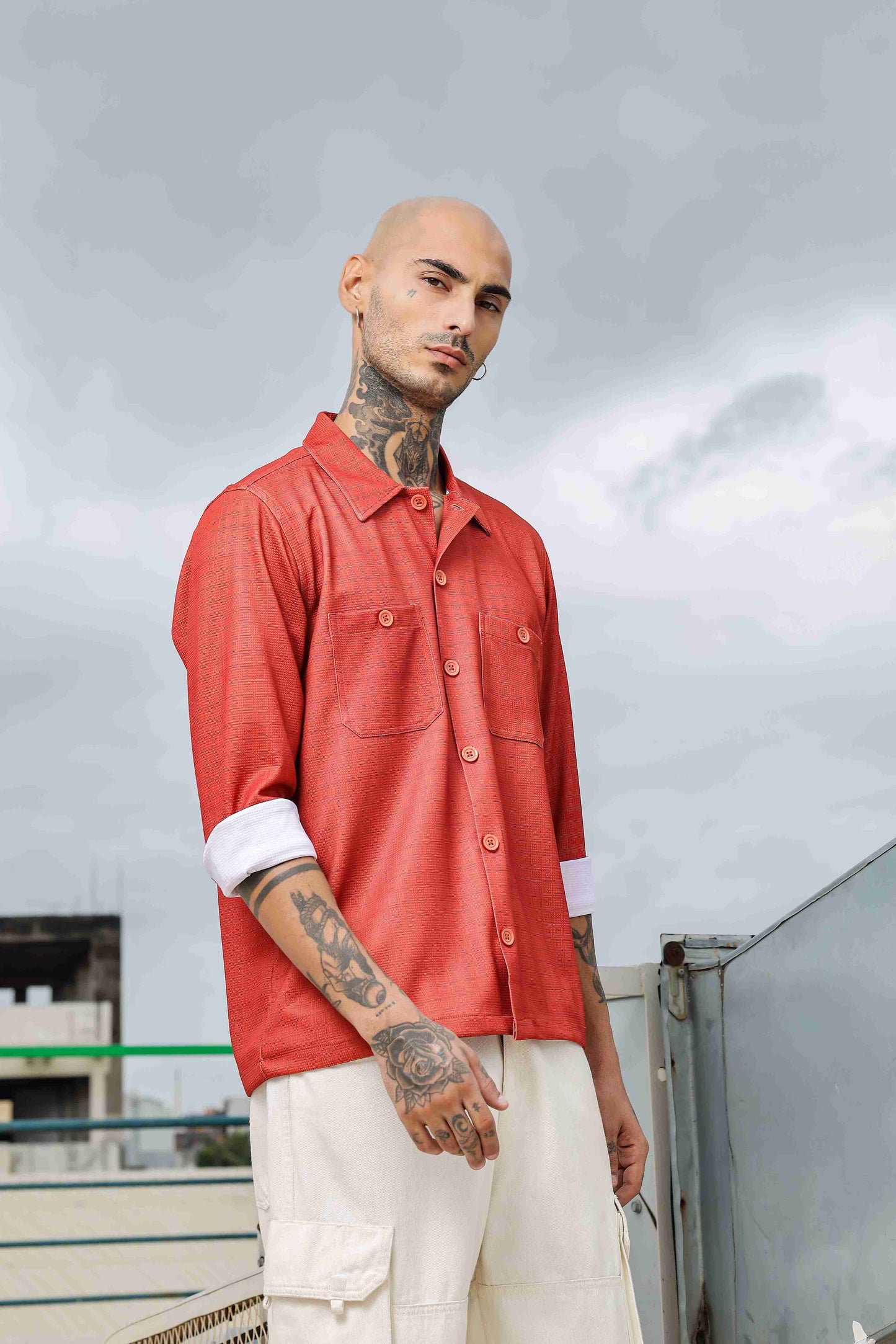 Oversized Rust Textured Double Pocket Shirt Shacket
