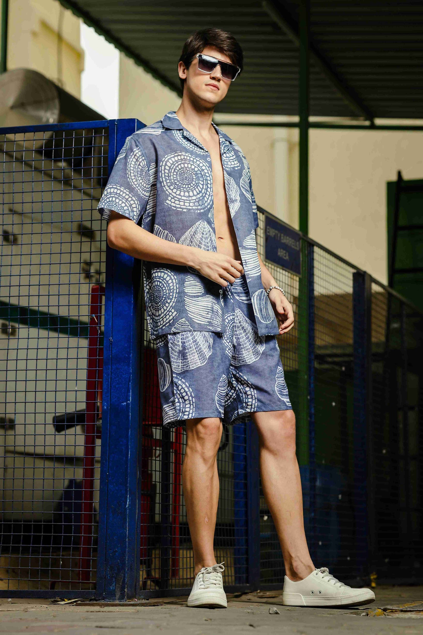 Grey Tropical Print Linen Blend Classic Cuban Collar Resort Shirt
