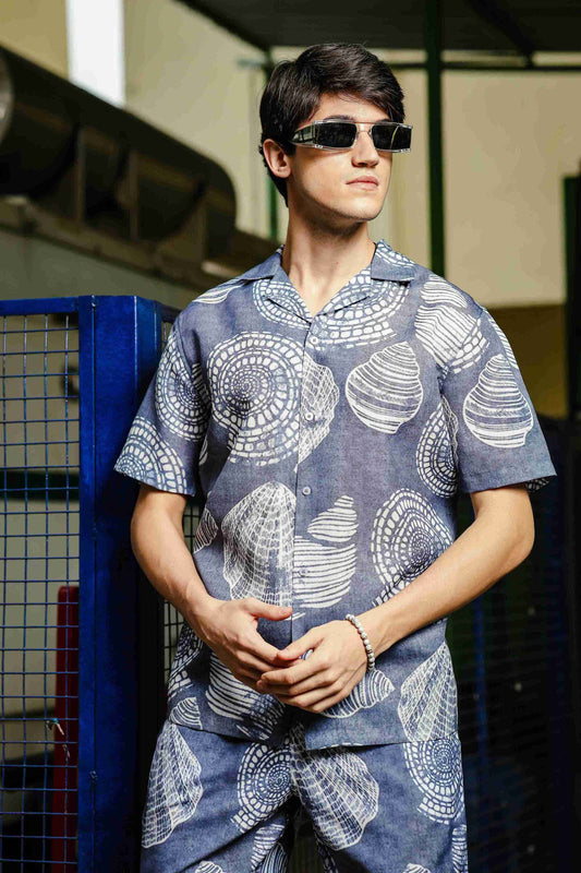 Grey Tropical Print Linen Blend Classic Cuban Collar Resort Shirt