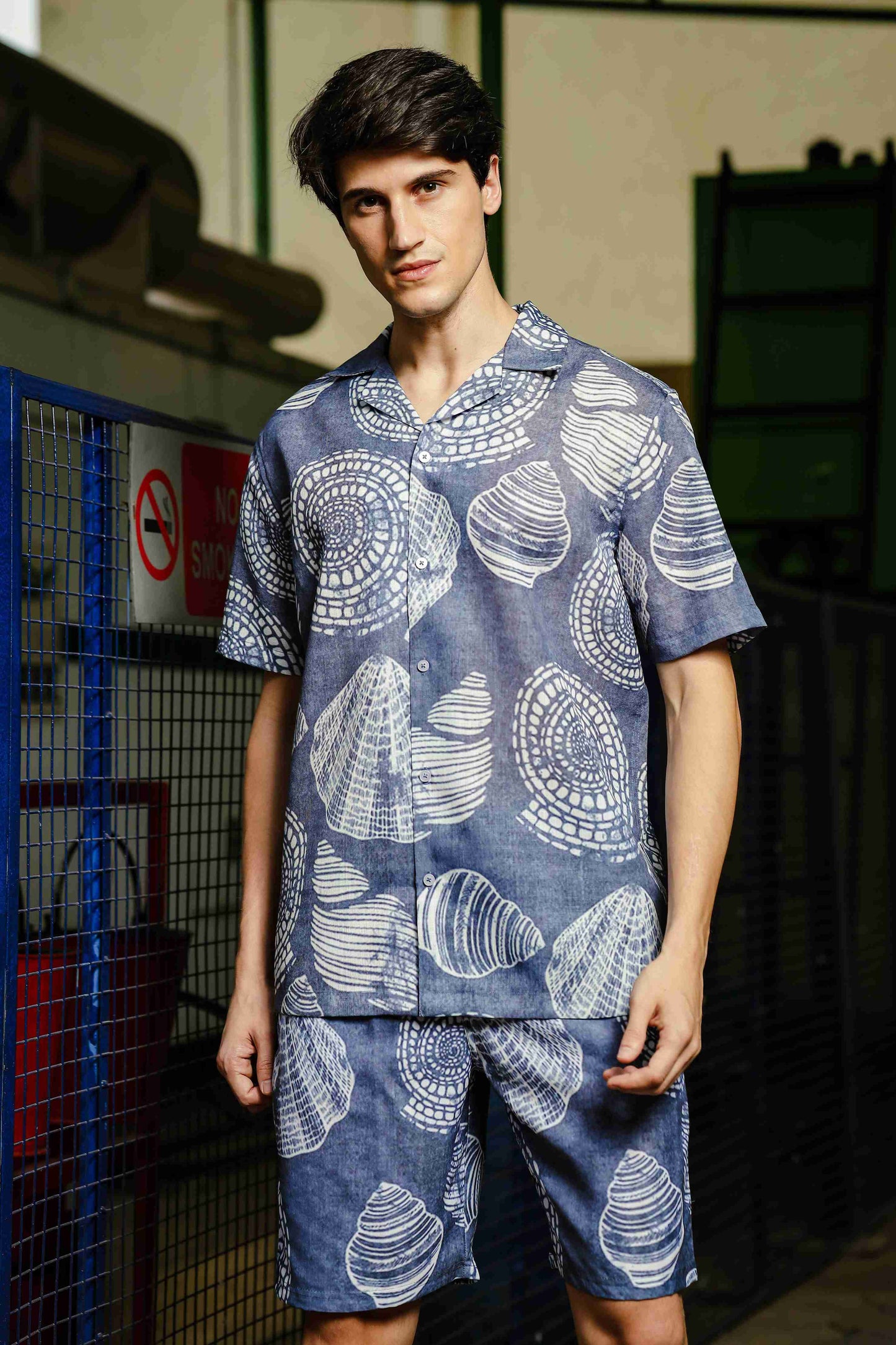 Grey Tropical Print Linen Blend Classic Cuban Collar Resort Shirt