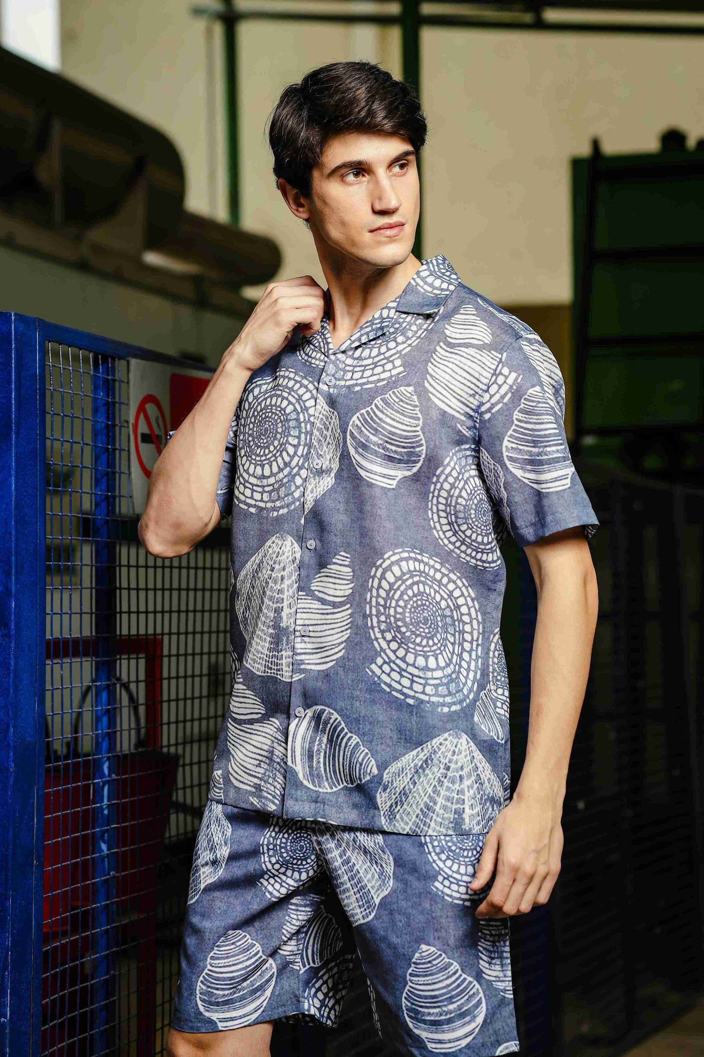 Grey Tropical Print Linen Blend Classic Cuban Collar Resort Shirt