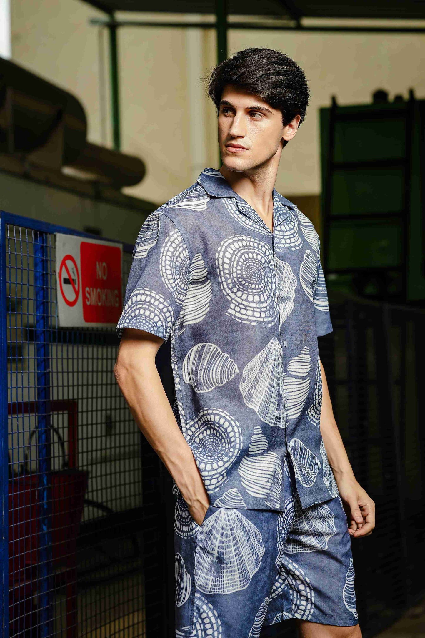 Grey Tropical Print Linen Blend Classic Cuban Collar Resort Shirt