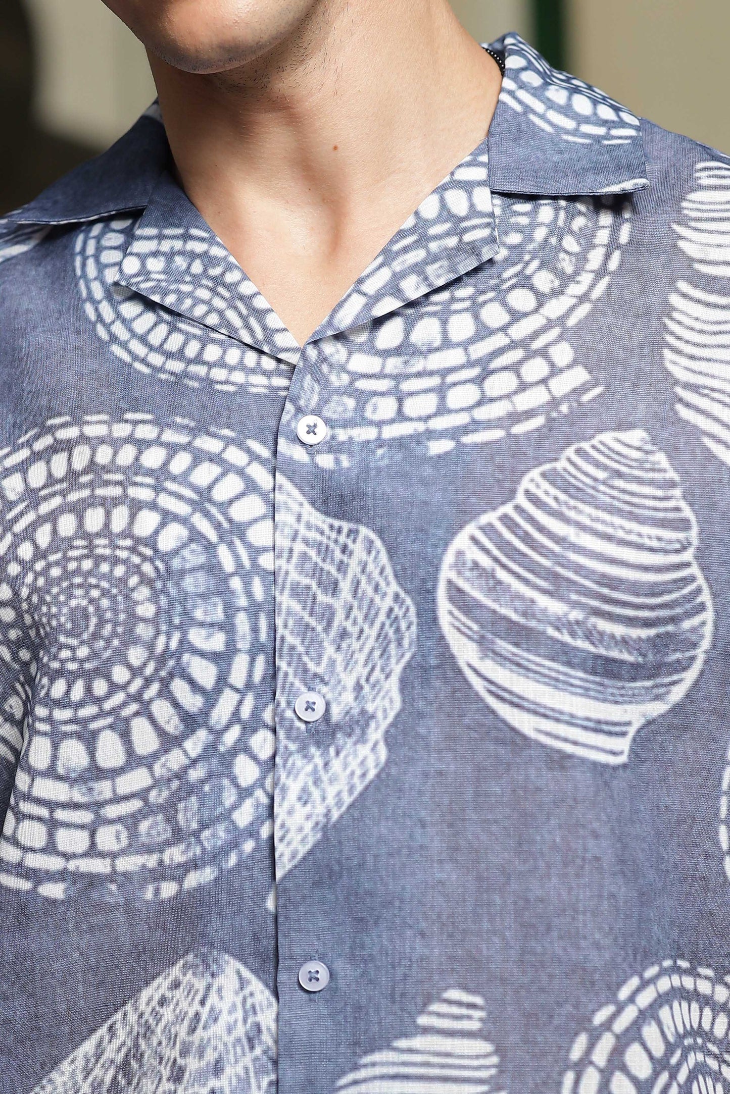 Grey Tropical Print Linen Blend Classic Cuban Collar Resort Shirt