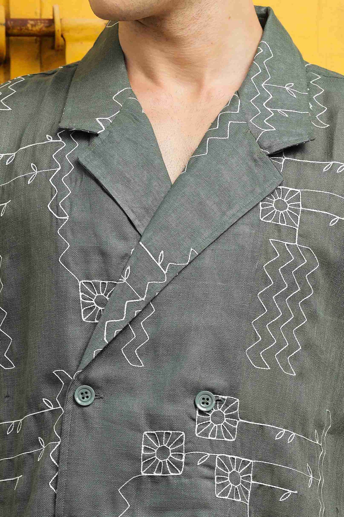Linen Blend Olive Korean Notched Lapel Collar Resort Shirt