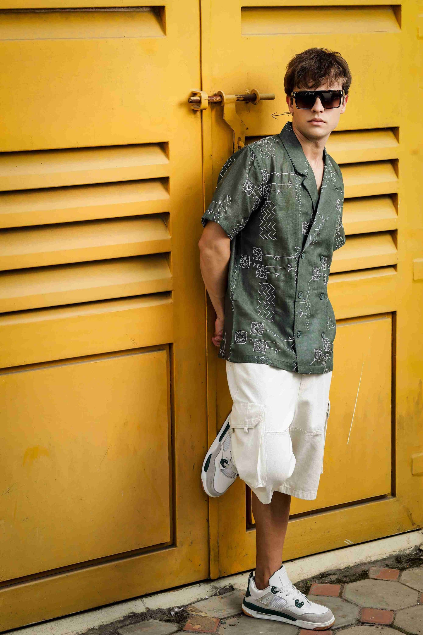 Linen Blend Olive Korean Notched Lapel Collar Resort Shirt