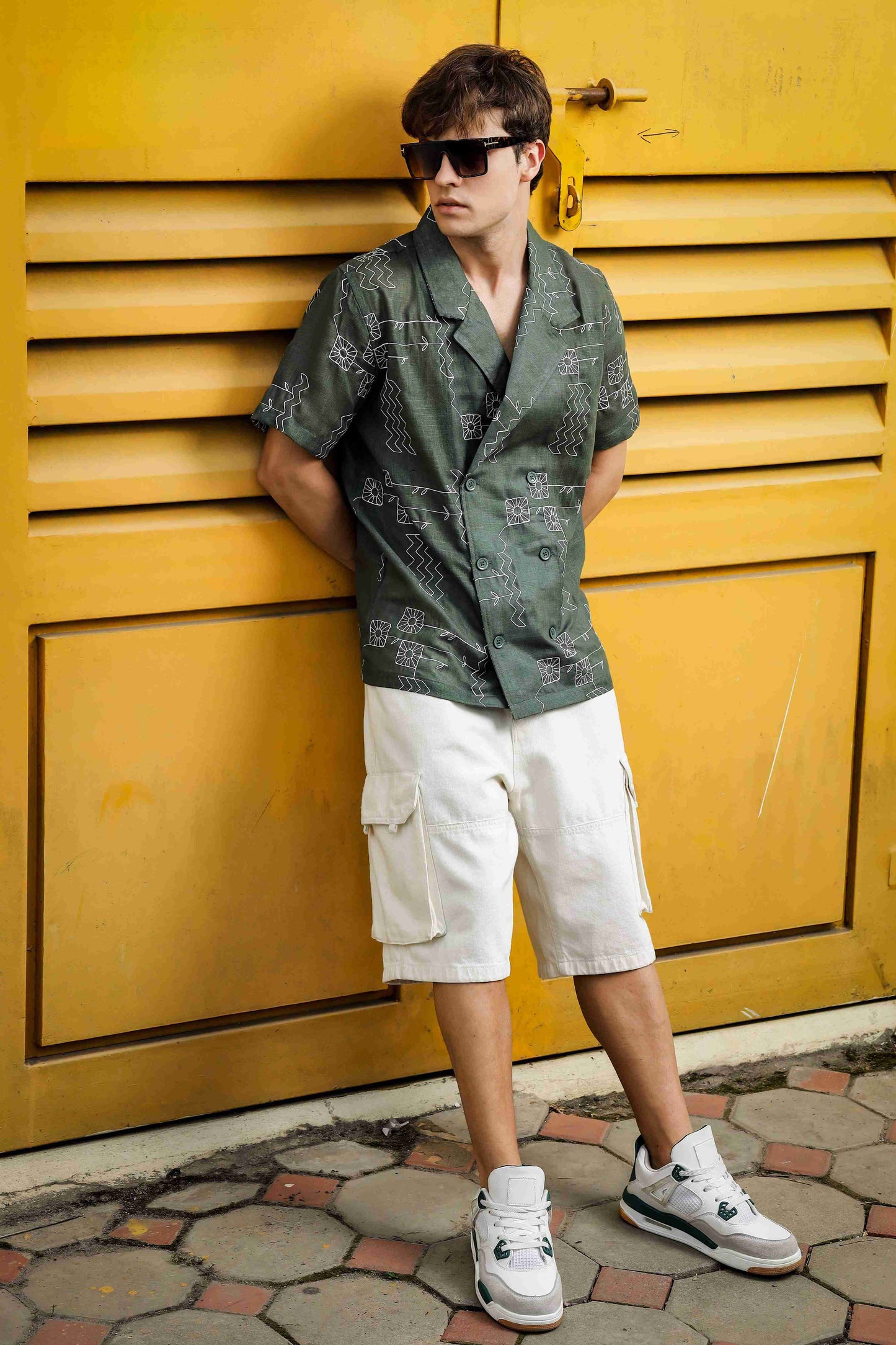 Linen Blend Olive Korean Notched Lapel Collar Resort Shirt
