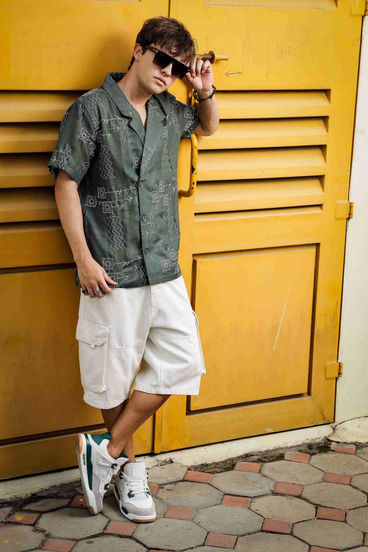 Linen Blend Olive Korean Notched Lapel Collar Resort Shirt