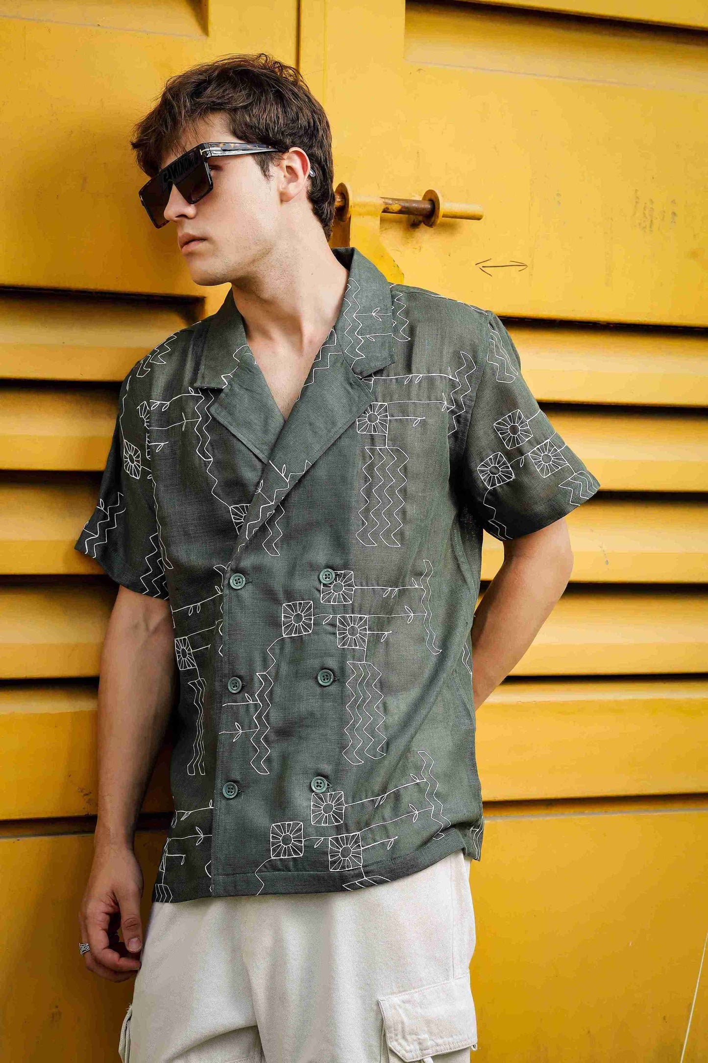 Linen Blend Olive Korean Notched Lapel Collar Resort Shirt