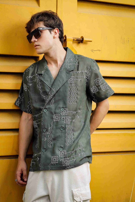 Linen Blend Olive Korean Notched Lapel Collar Resort Shirt
