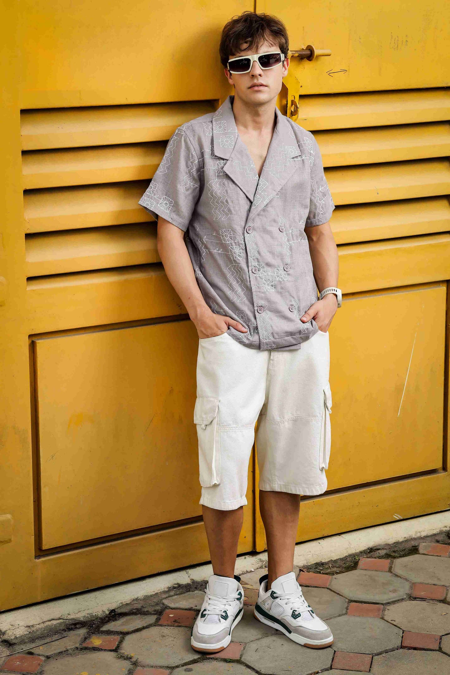 Linen Blend Grey Korean Notched Lapel Collar Resort Shirt