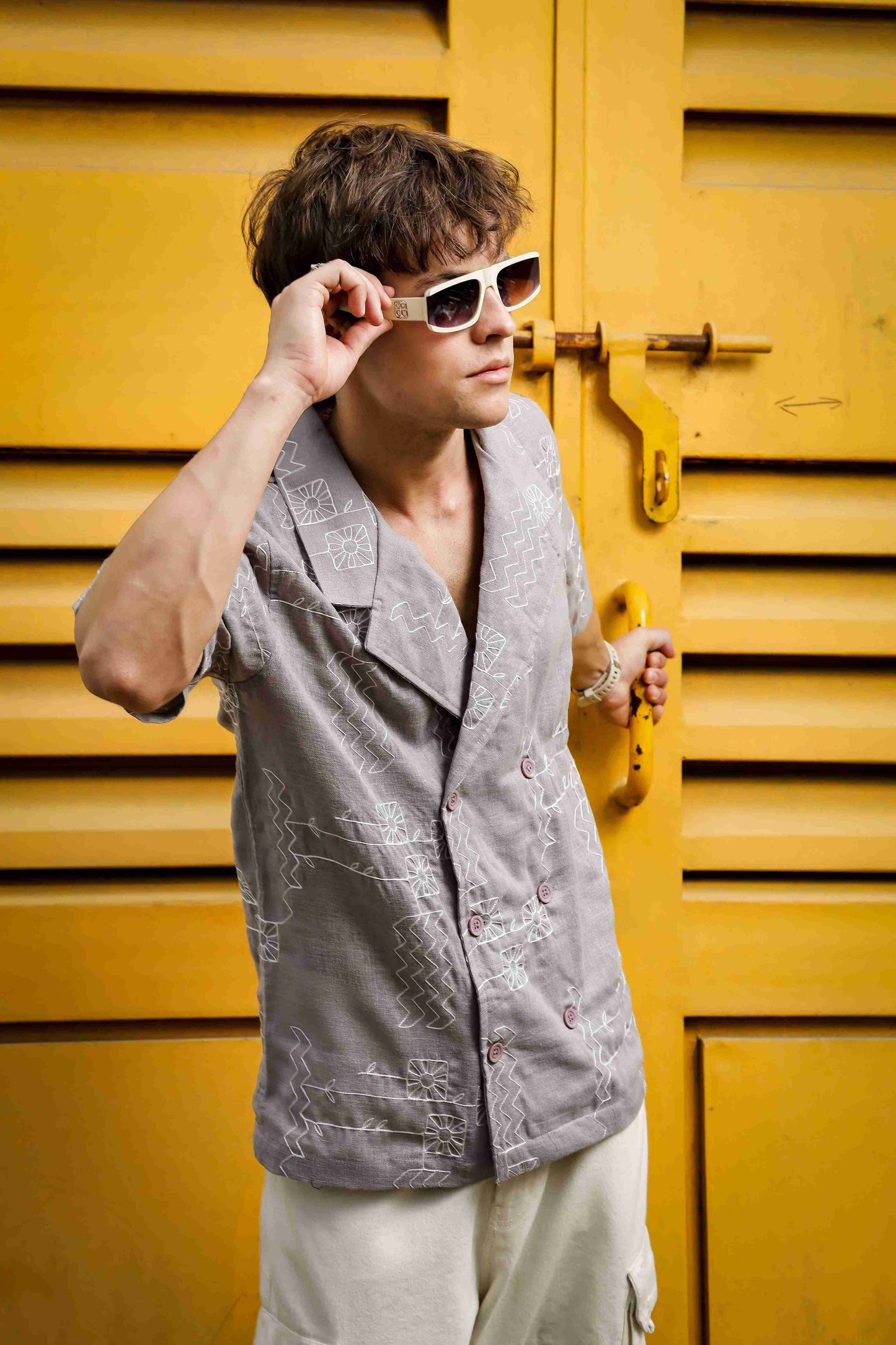 Linen Blend Grey Korean Notched Lapel Collar Resort Shirt