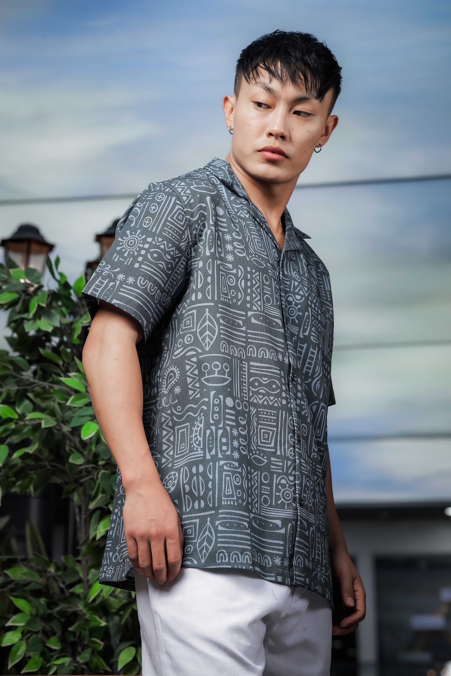 Abstract Tribal Print Cuban Collar Relaxed Fit Resort Shirt