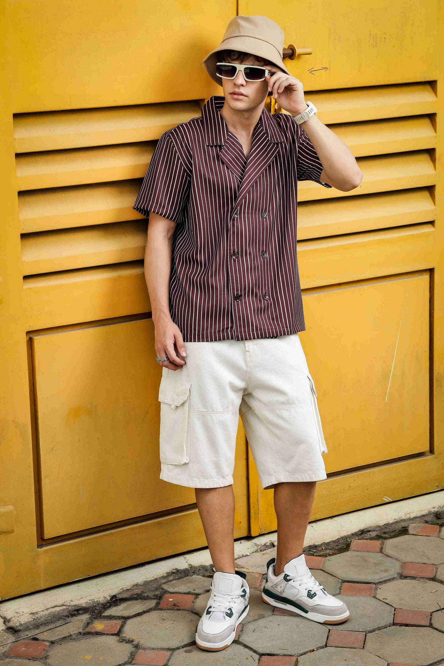 Textured Brown Stripe Korean Notched Lapel Collar Resort Shirt