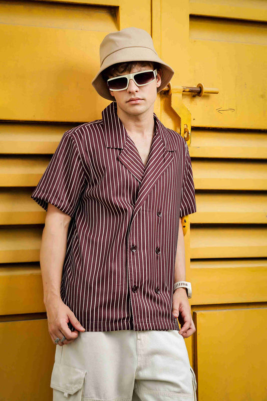 Textured Brown Stripe Korean Notched Lapel Collar Resort Shirt