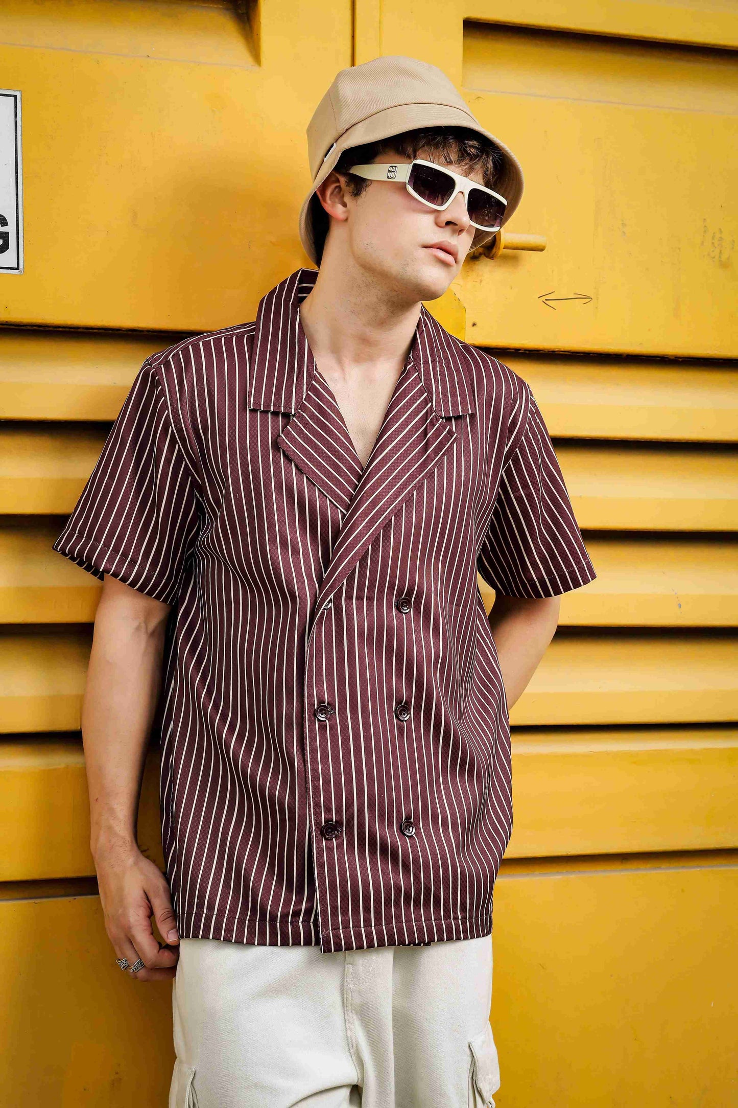 Textured Brown Stripe Korean Notched Lapel Collar Resort Shirt