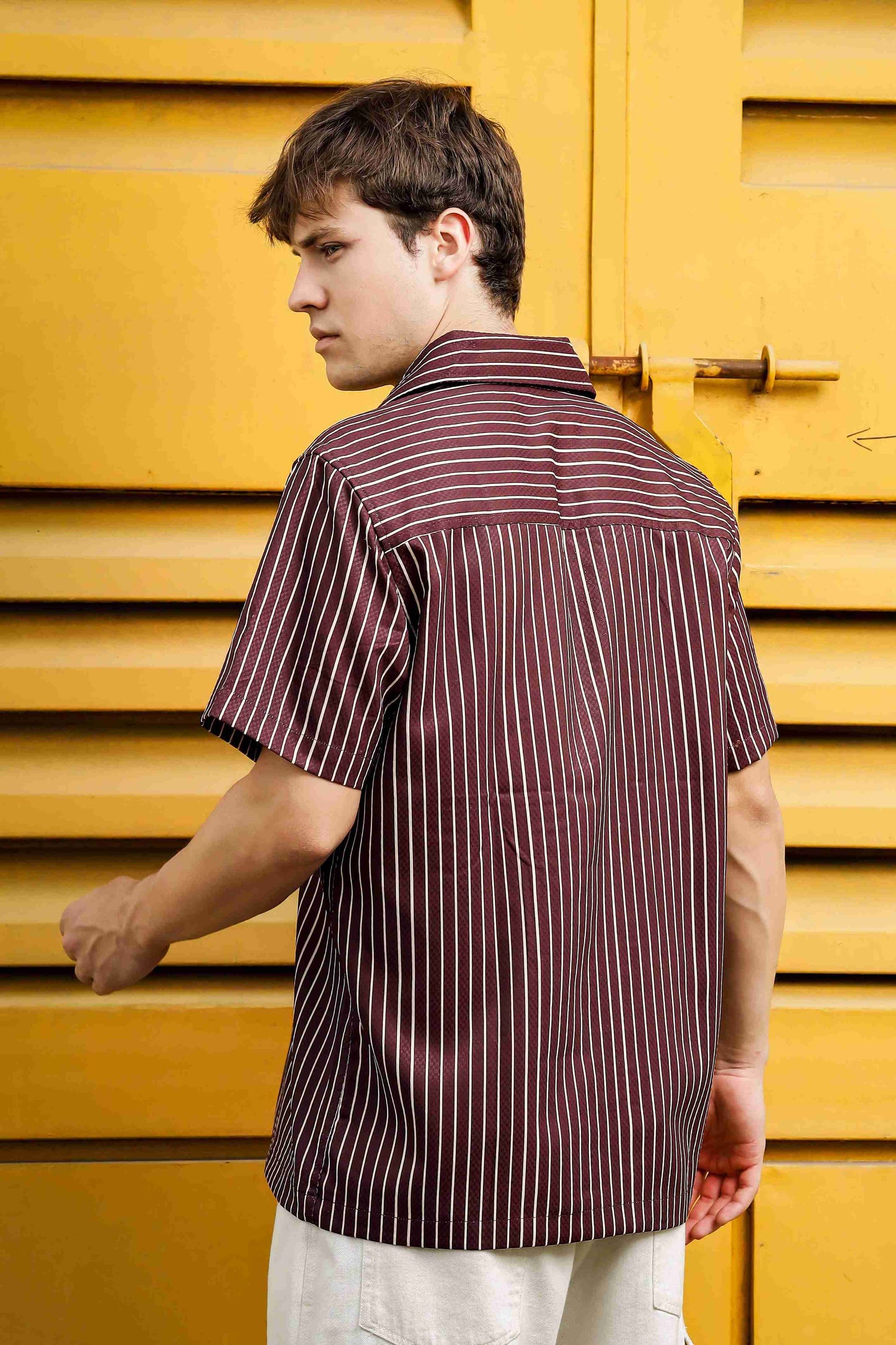 Textured Brown Stripe Korean Notched Lapel Collar Resort Shirt