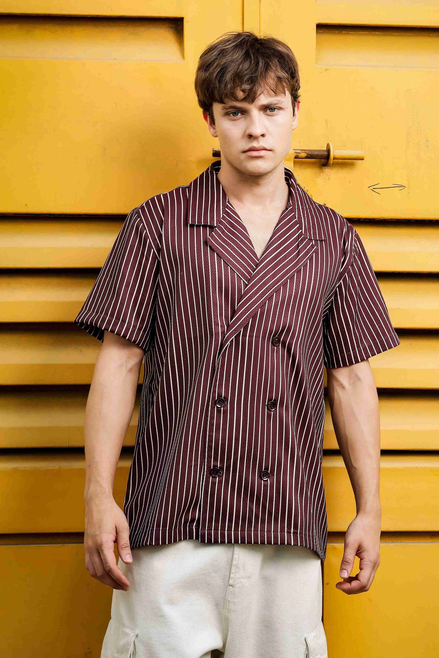 Textured Brown Stripe Korean Notched Lapel Collar Resort Shirt