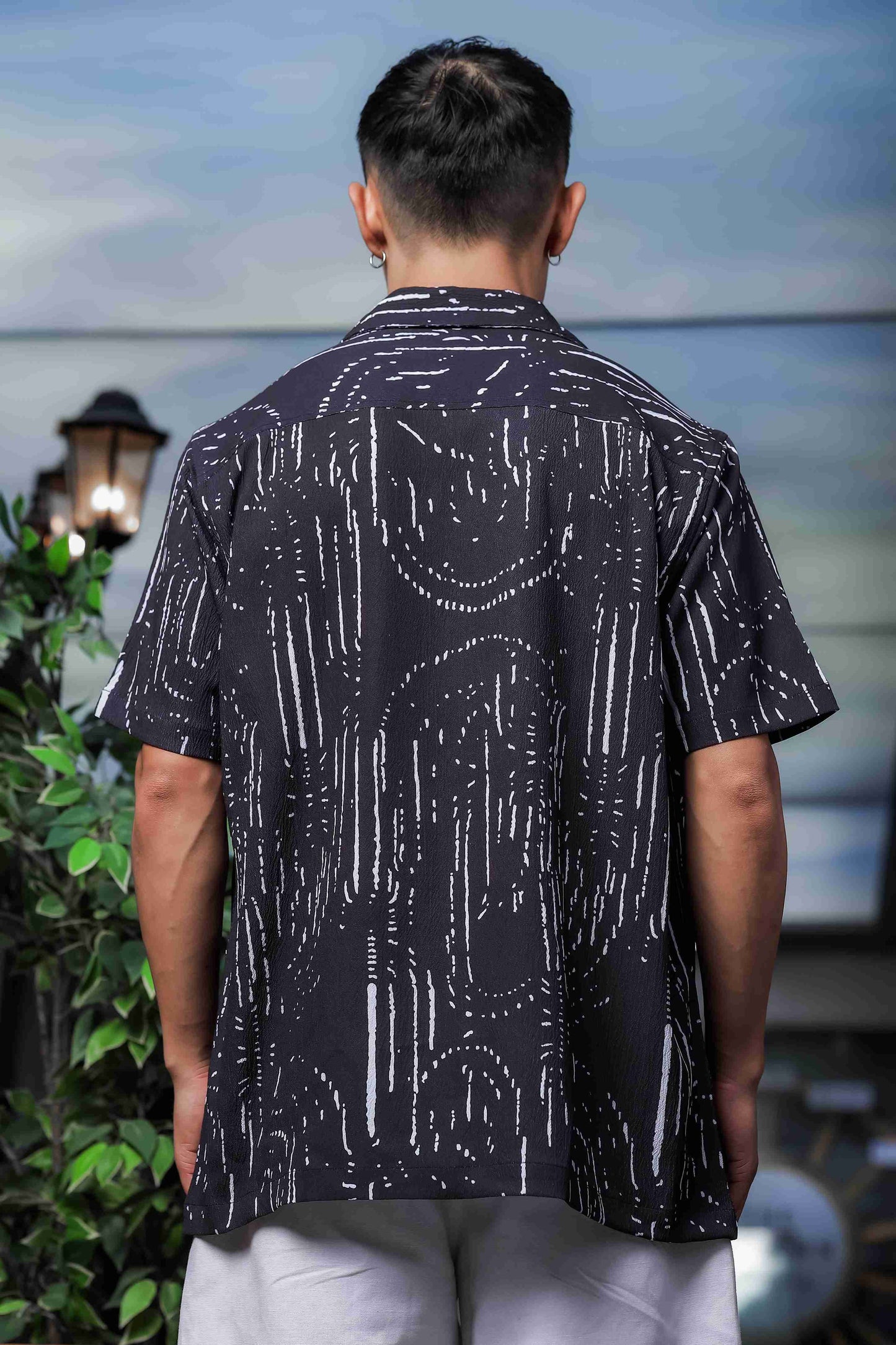 Black Abstract Printed Cuban Collar Relaxed Fit Resort Shirt