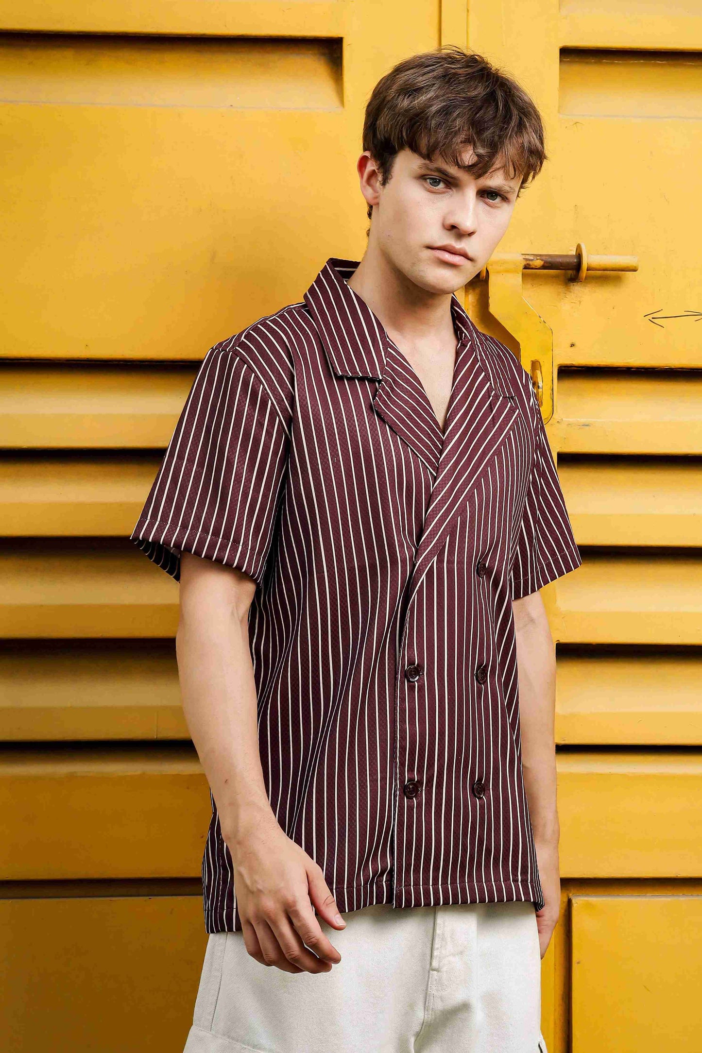 Textured Brown Stripe Korean Notched Lapel Collar Resort Shirt