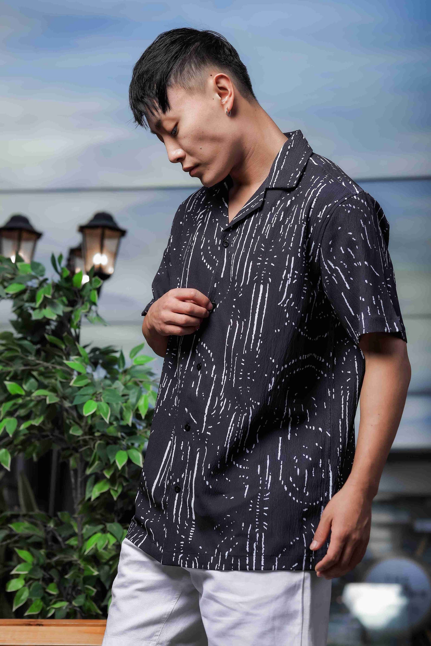Black Abstract Printed Cuban Collar Relaxed Fit Resort Shirt