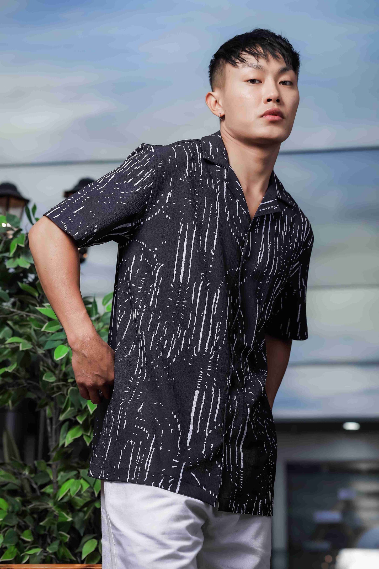 Black Abstract Printed Cuban Collar Relaxed Fit Resort Shirt