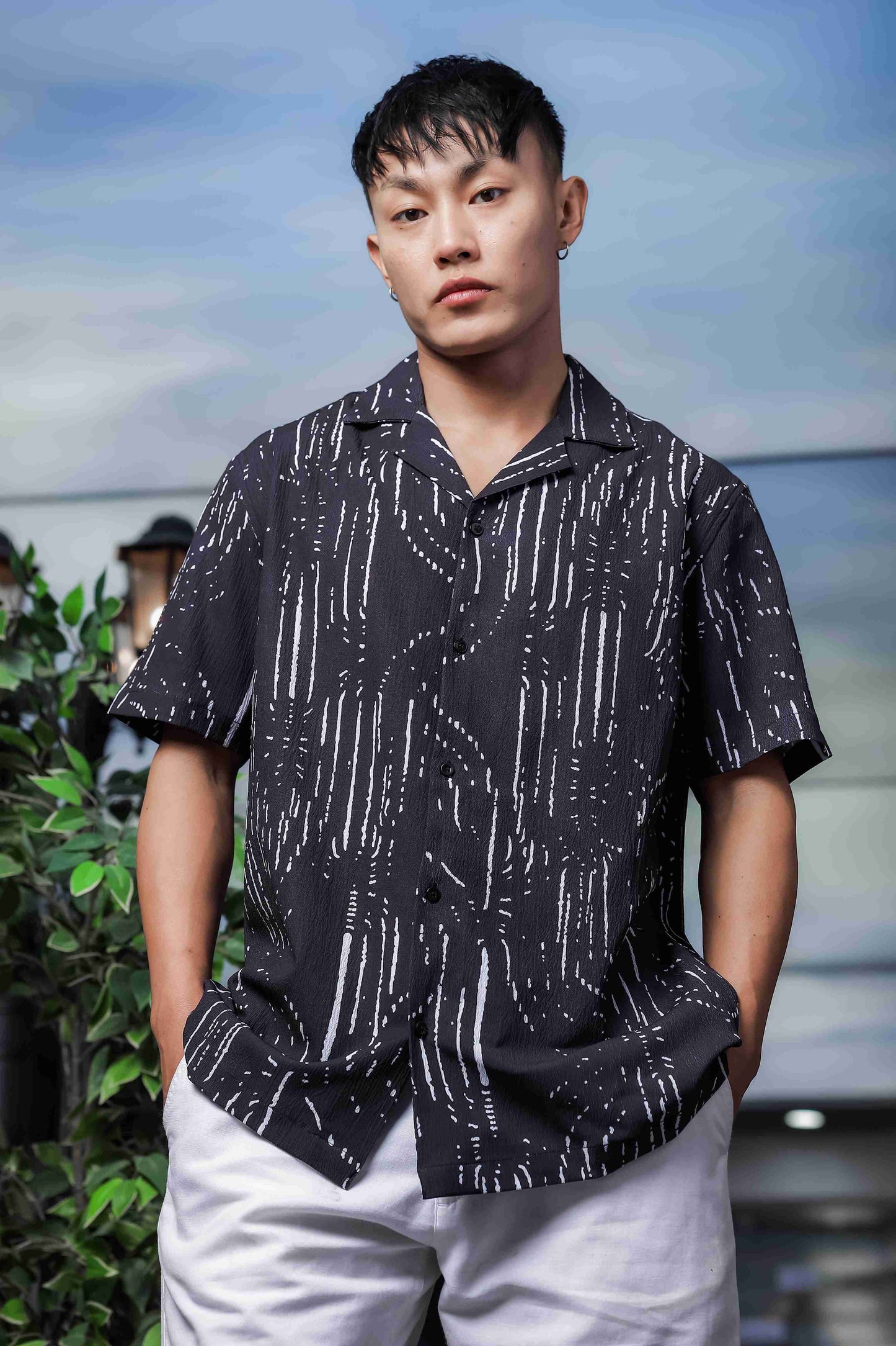 Black Abstract Printed Cuban Collar Relaxed Fit Resort Shirt