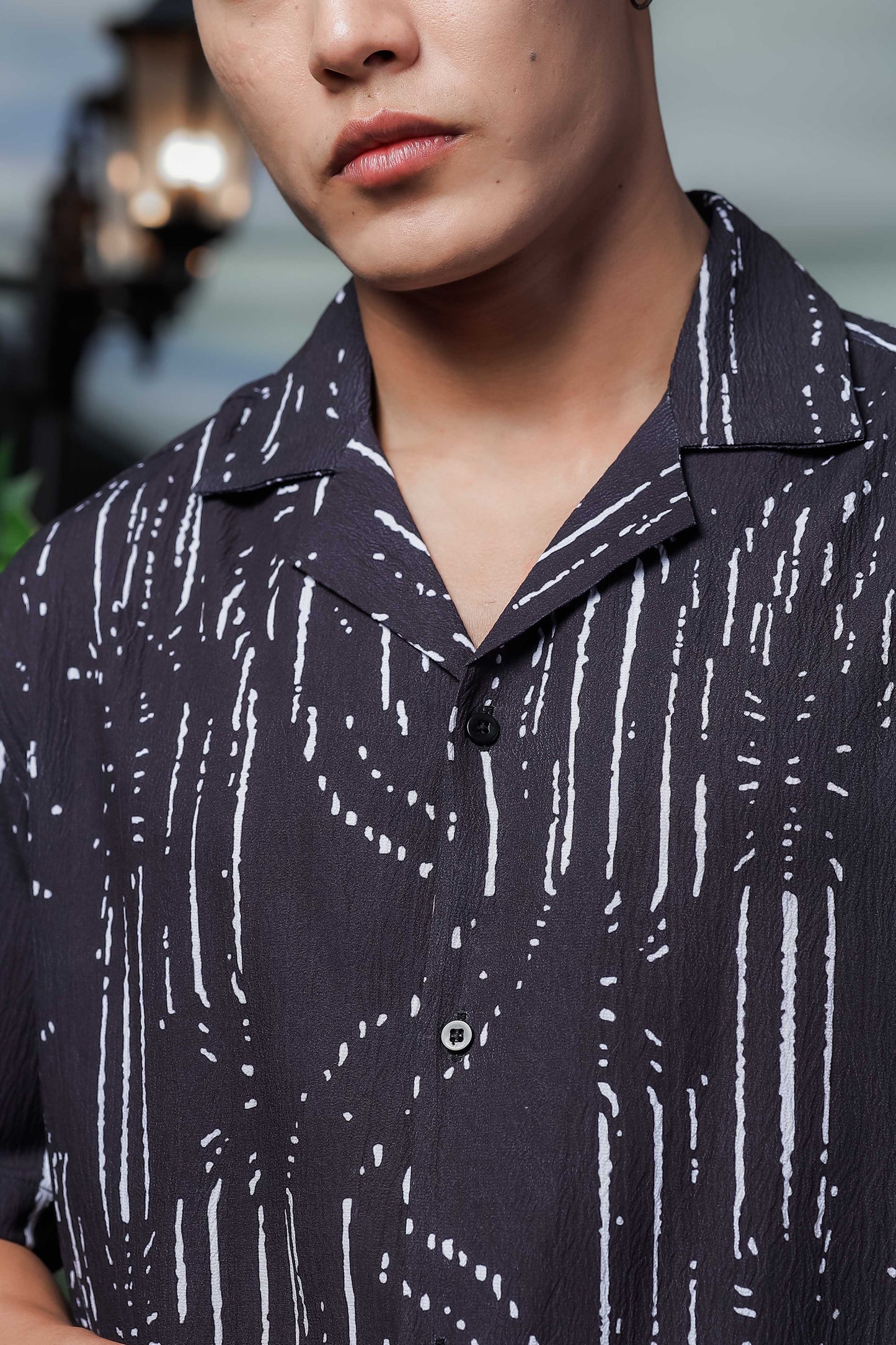 Black Abstract Printed Cuban Collar Relaxed Fit Resort Shirt