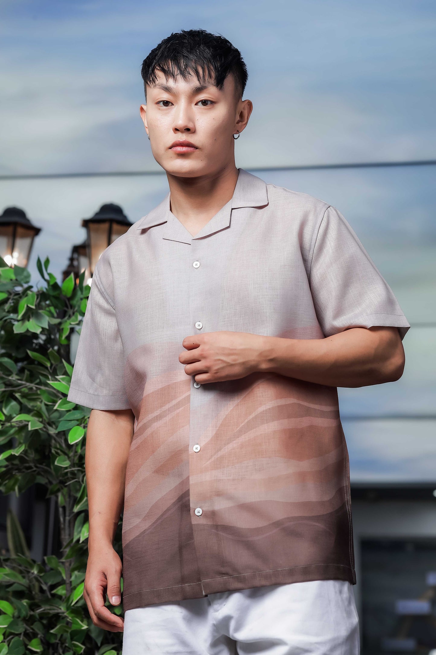 Brown Ombre Cuban Collar Relaxed Fit Linen Blend Resort Shirt