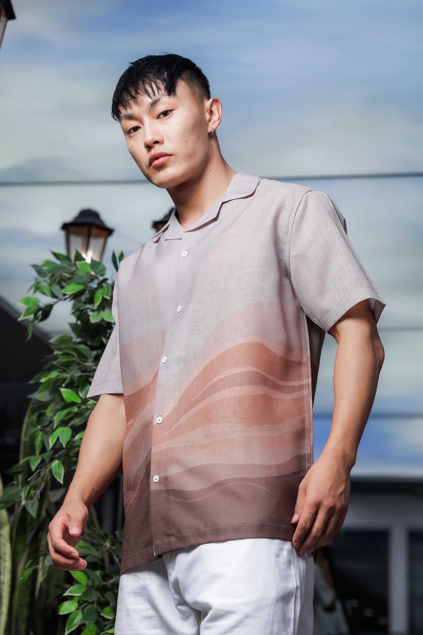Brown Ombre Cuban Collar Relaxed Fit Linen Blend Resort Shirt