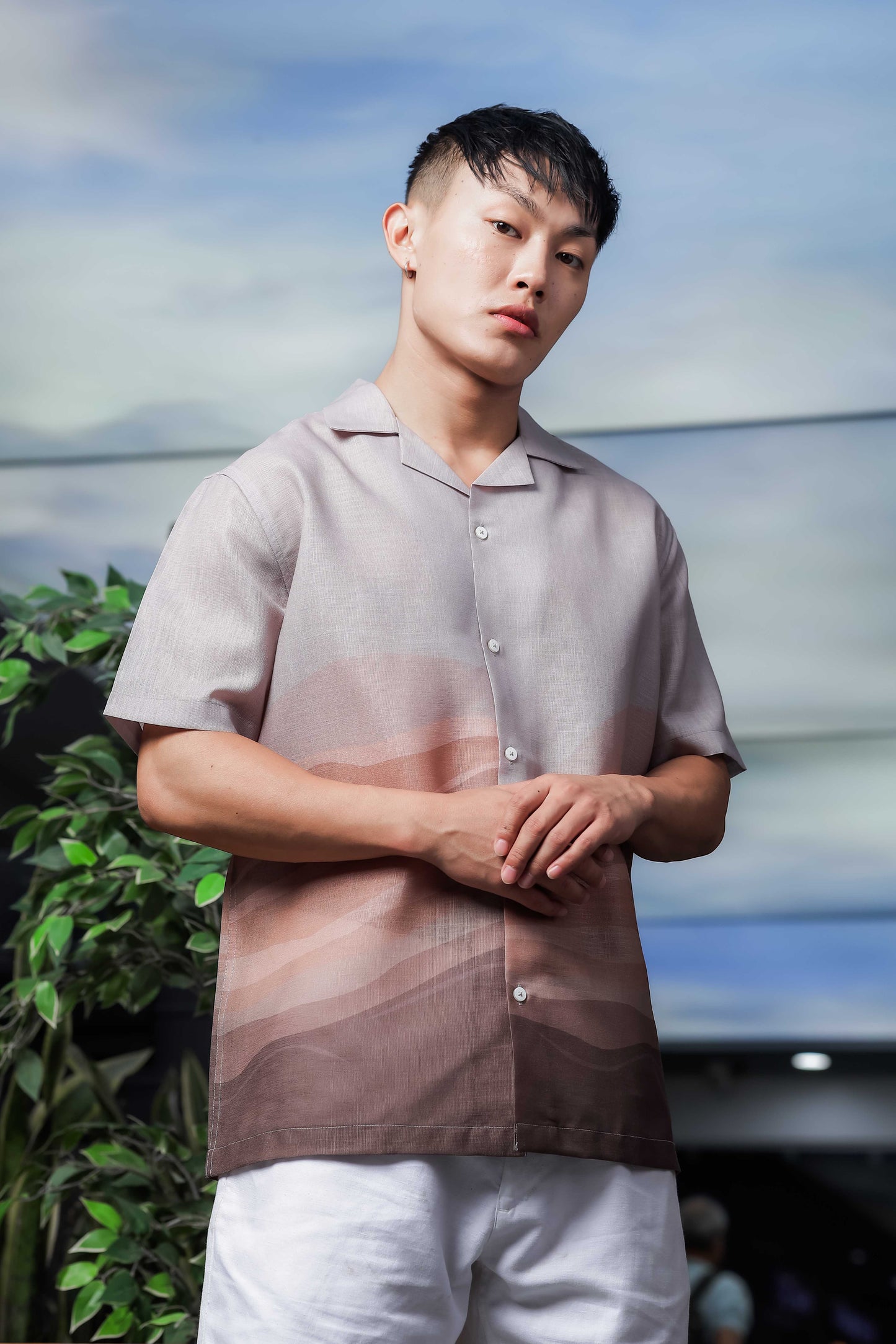 Brown Ombre Cuban Collar Relaxed Fit Linen Blend Resort Shirt