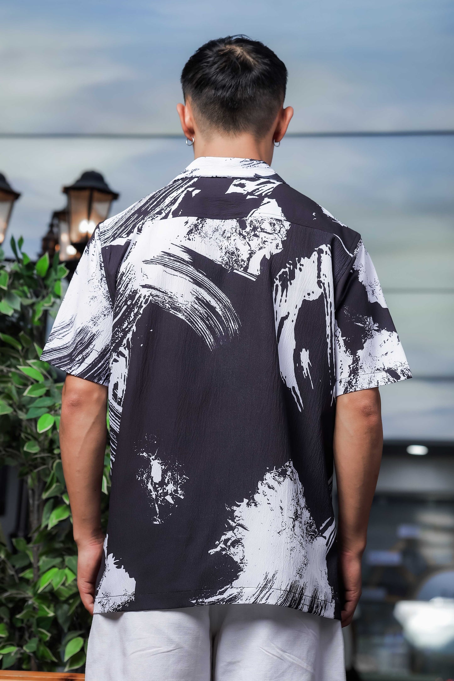 Black Abstract Printed Crinkled Fabric Cuban Collar Relaxed Fit Resort Shirt