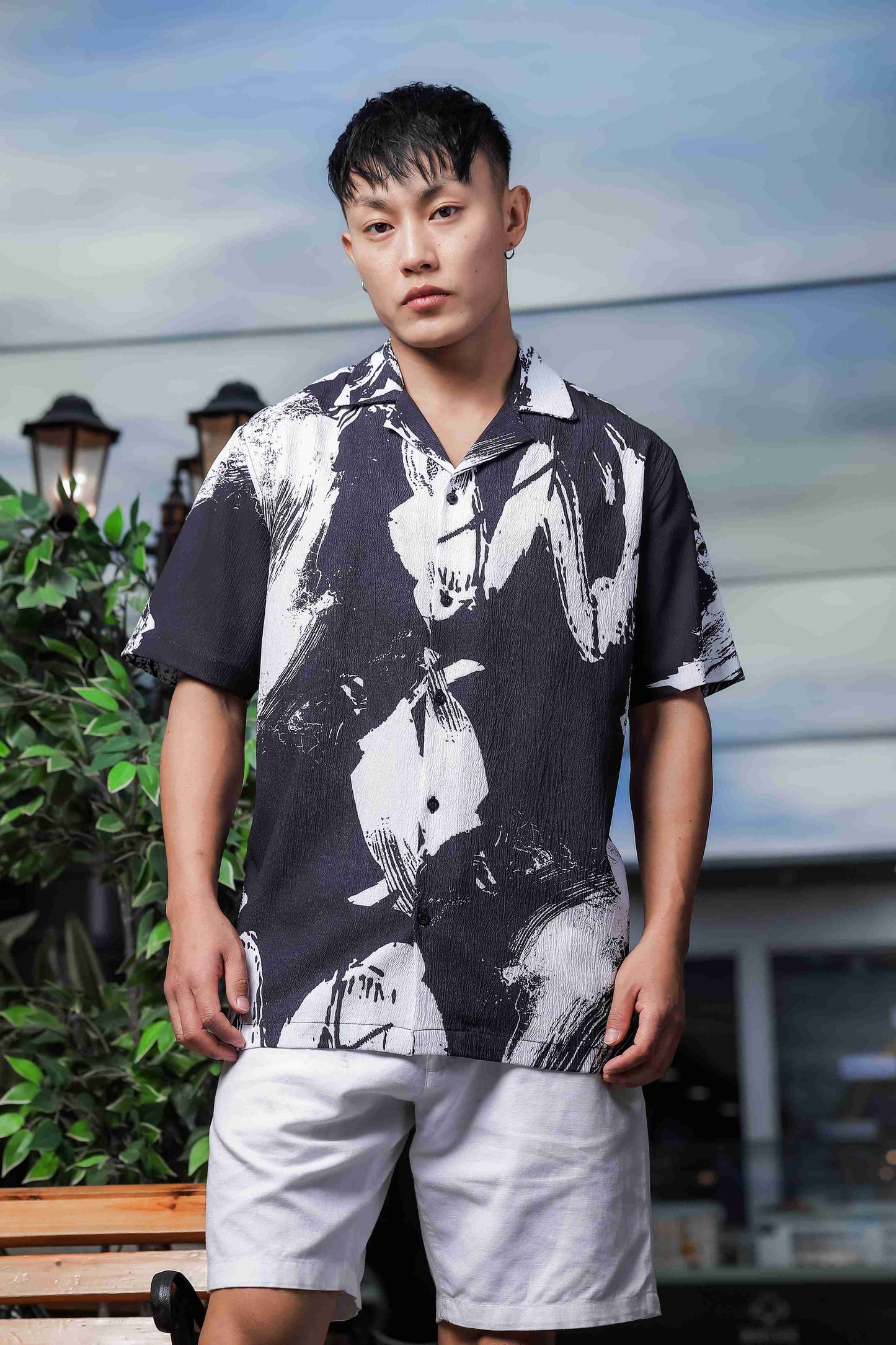 Black Abstract Printed Crinkled Fabric Cuban Collar Relaxed Fit Resort Shirt