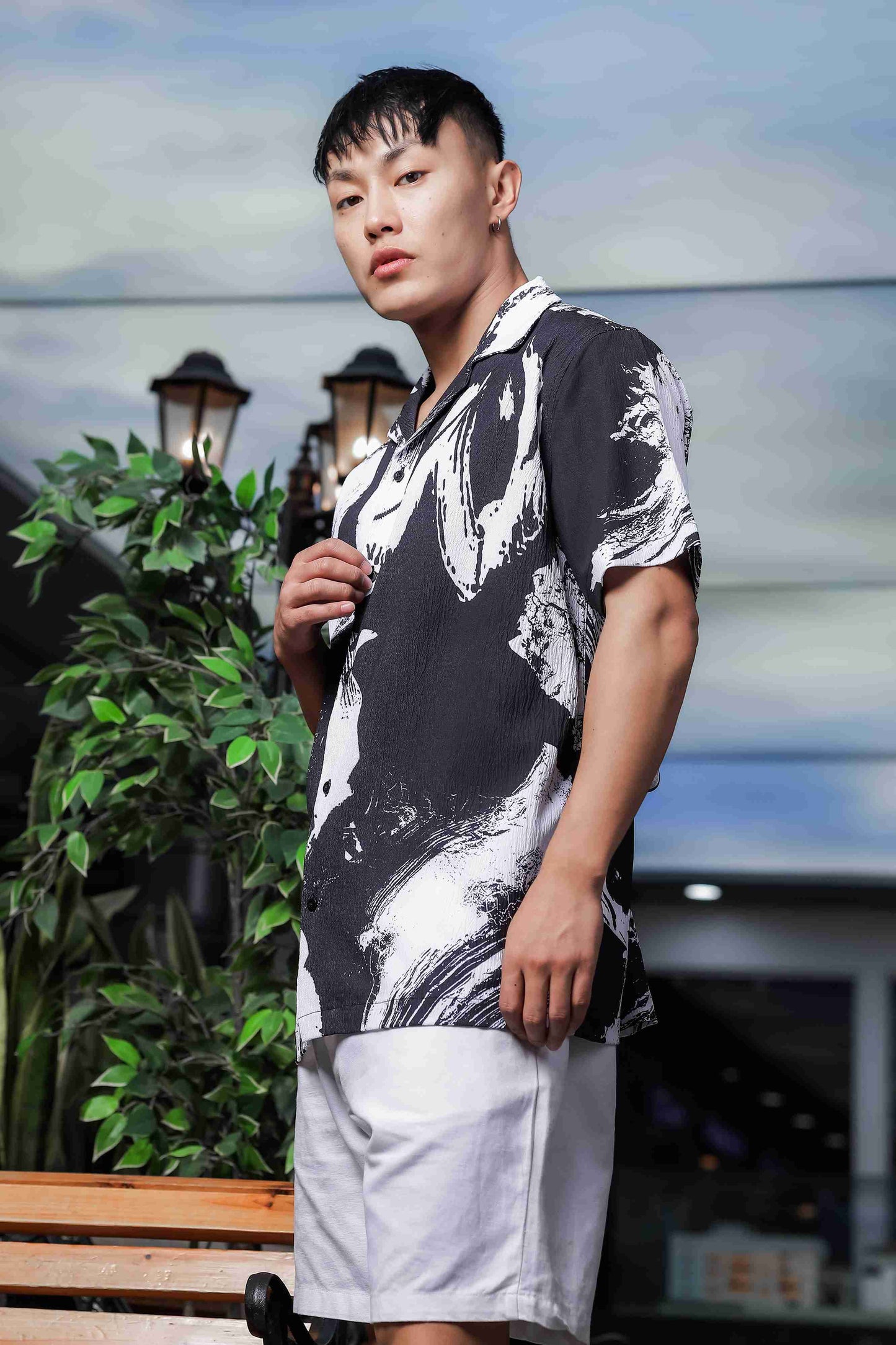 Black Abstract Printed Crinkled Fabric Cuban Collar Relaxed Fit Resort Shirt