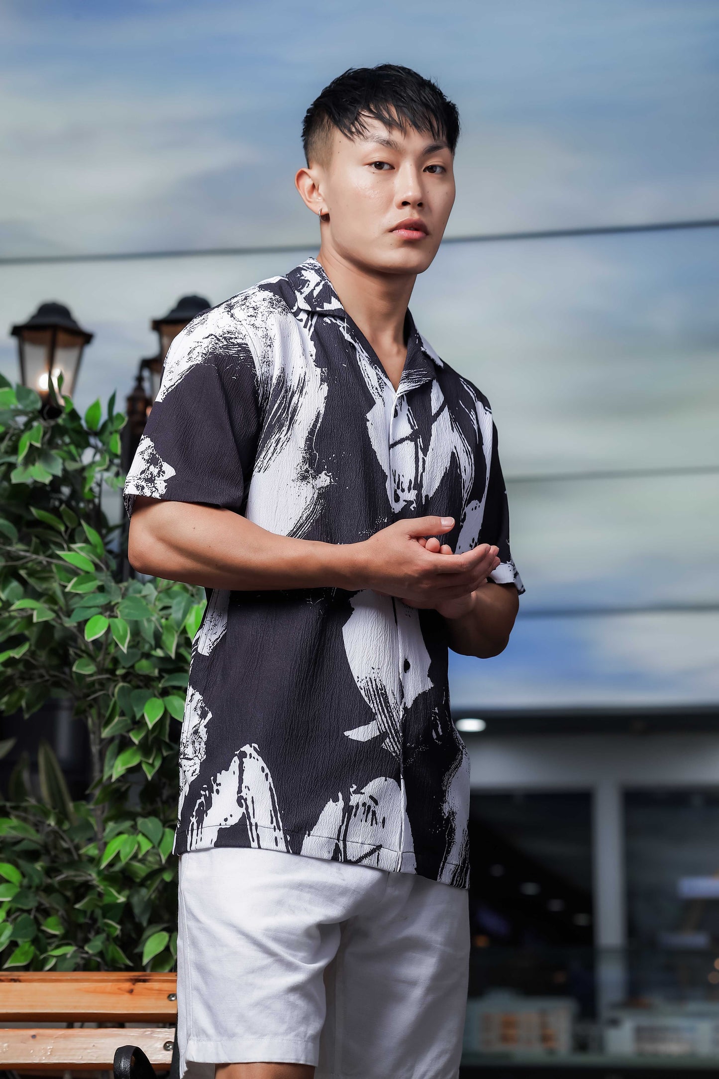 Black Abstract Printed Crinkled Fabric Cuban Collar Relaxed Fit Resort Shirt