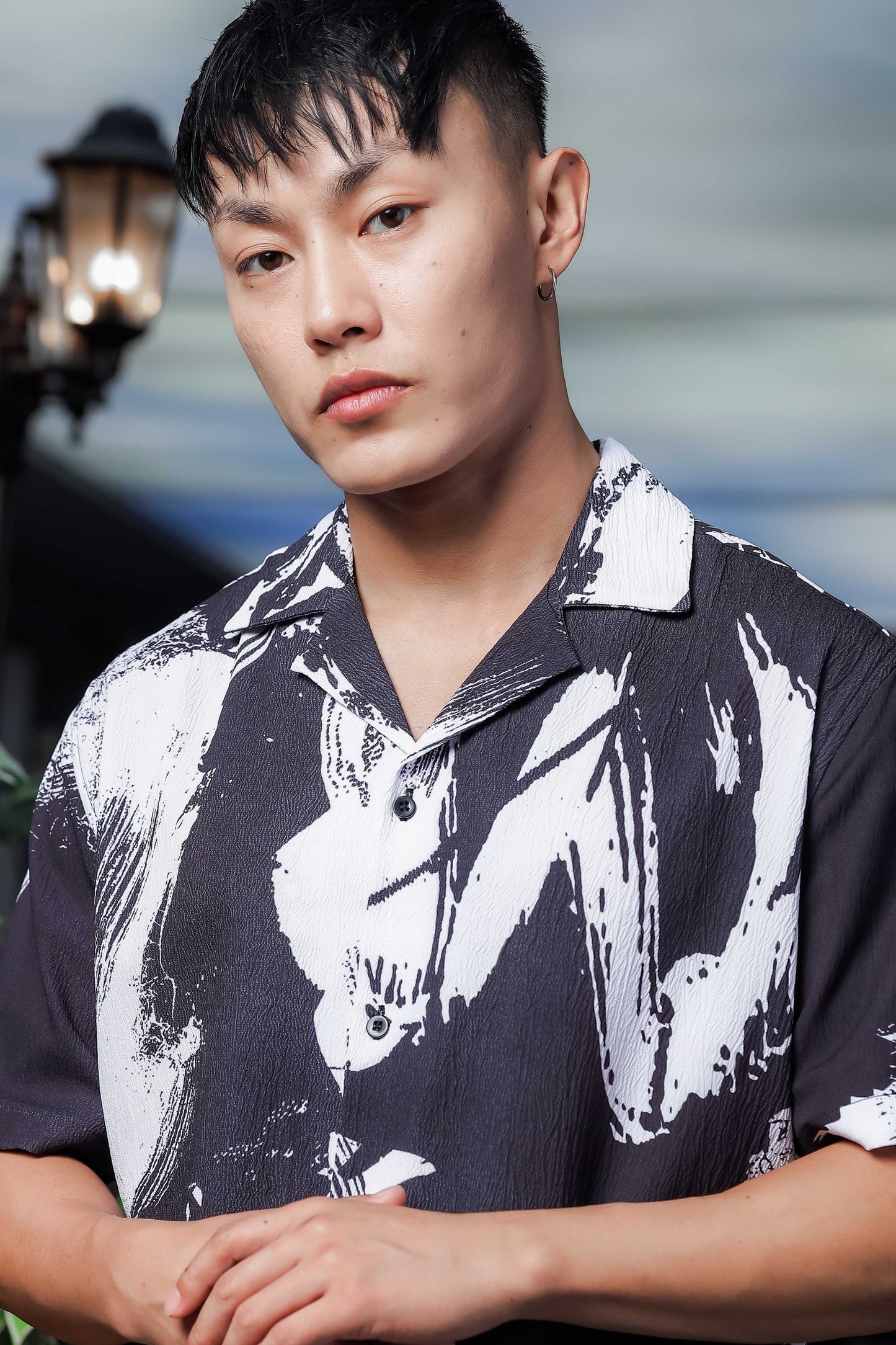 Black Abstract Printed Crinkled Fabric Cuban Collar Relaxed Fit Resort Shirt