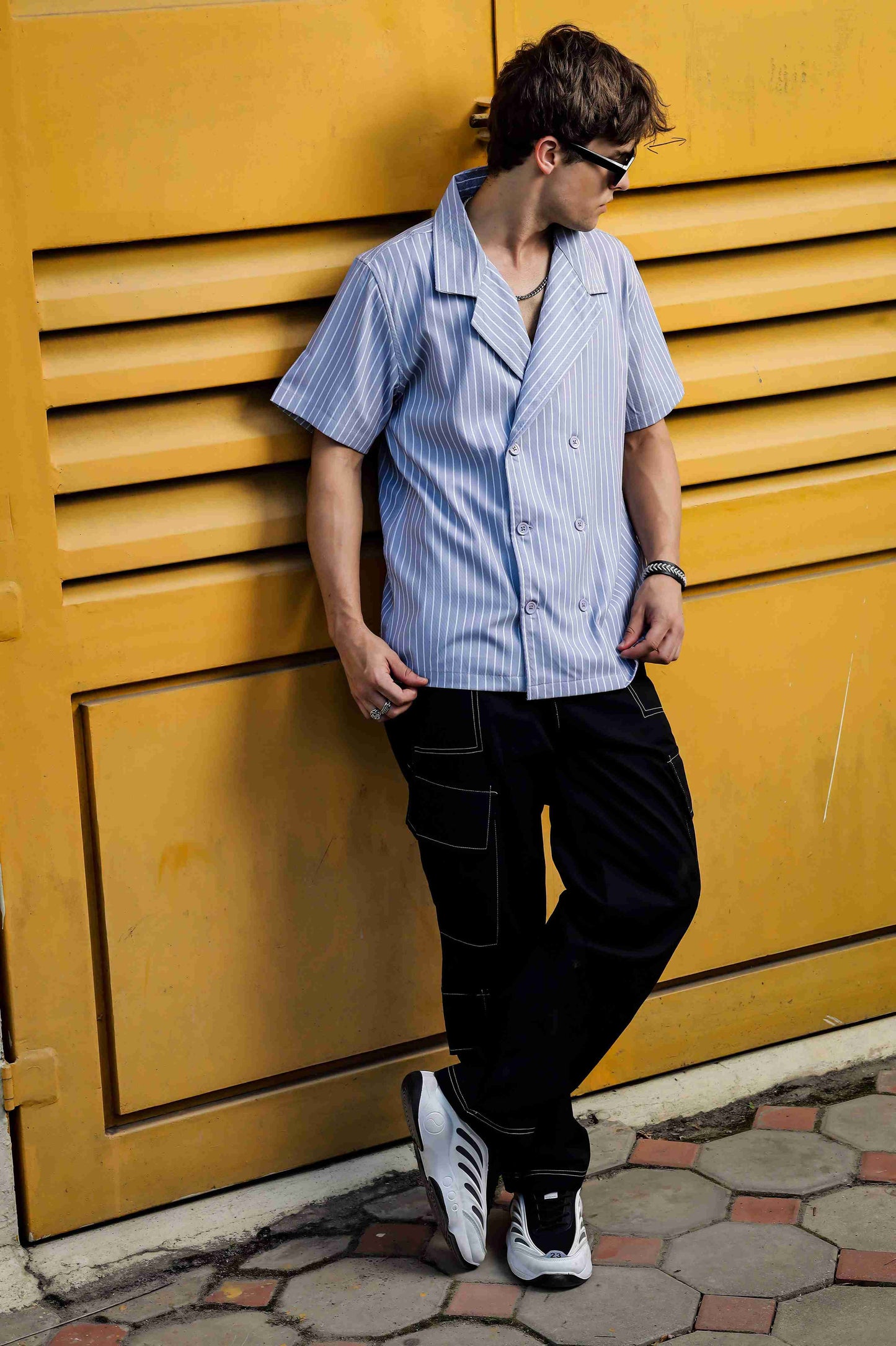 Grey PinStripe Textured Korean Notched Lapel Collar Resort Shirt