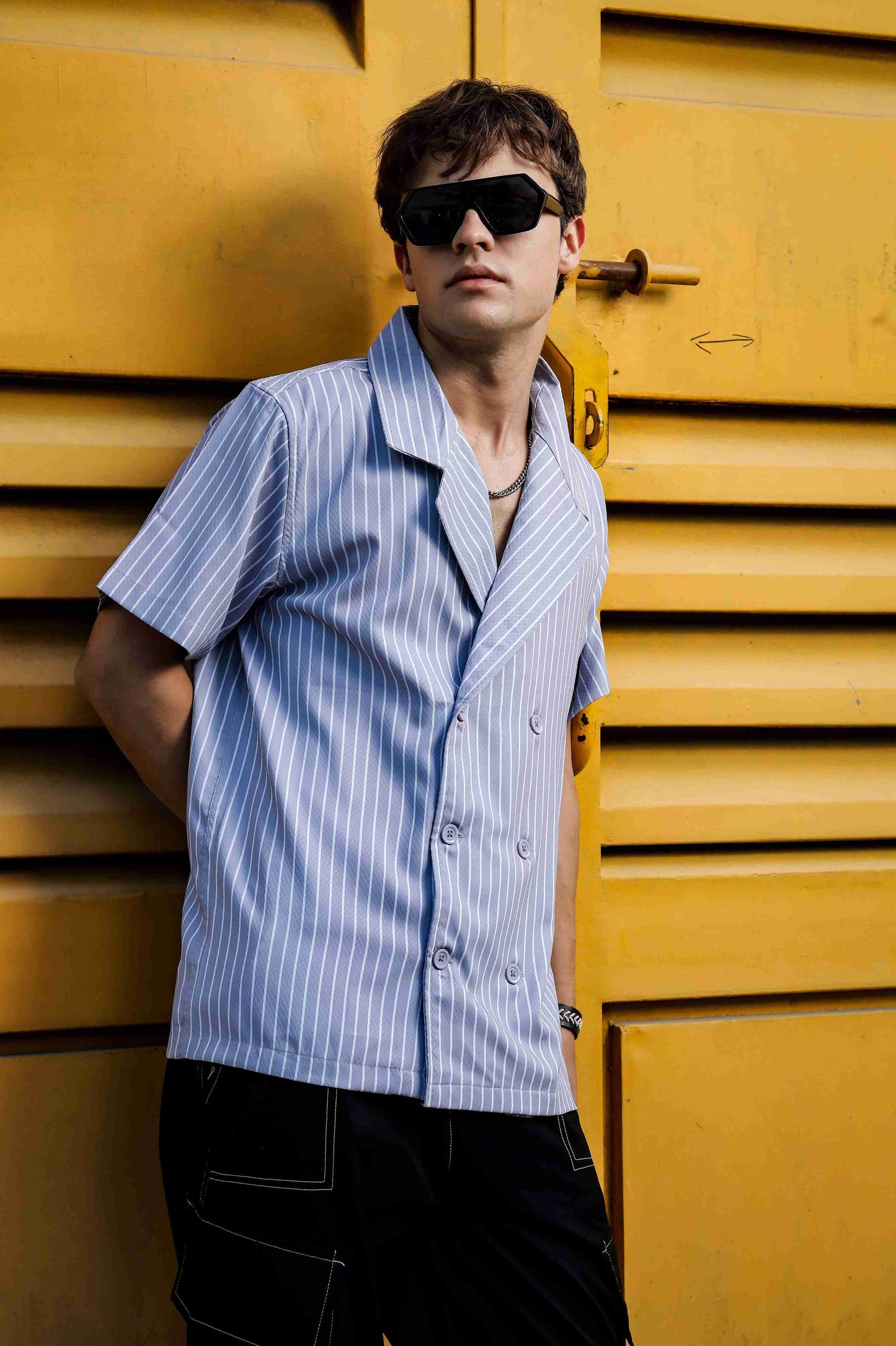 Grey PinStripe Textured Korean Notched Lapel Collar Resort Shirt
