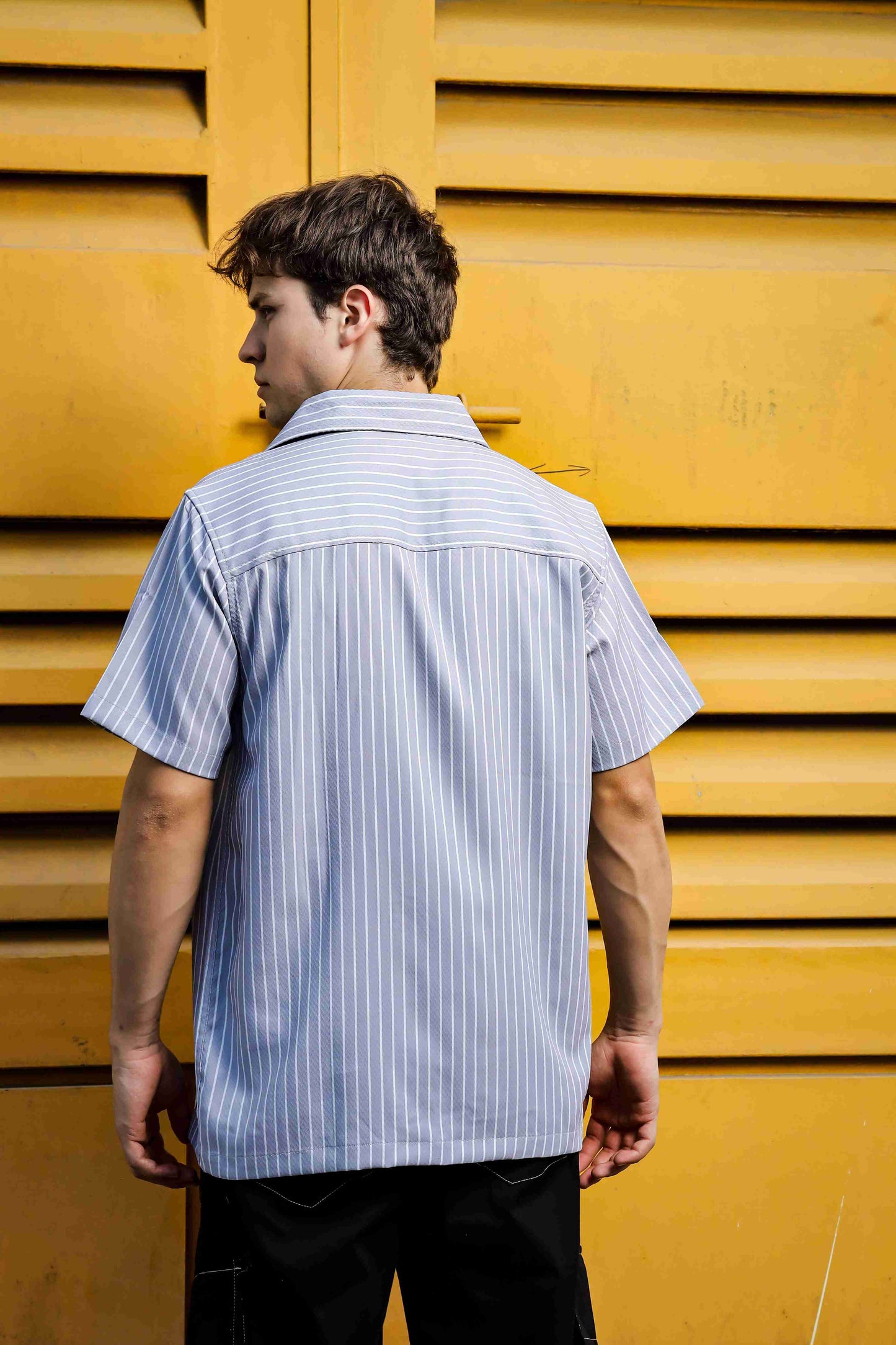 Grey PinStripe Textured Korean Notched Lapel Collar Resort Shirt