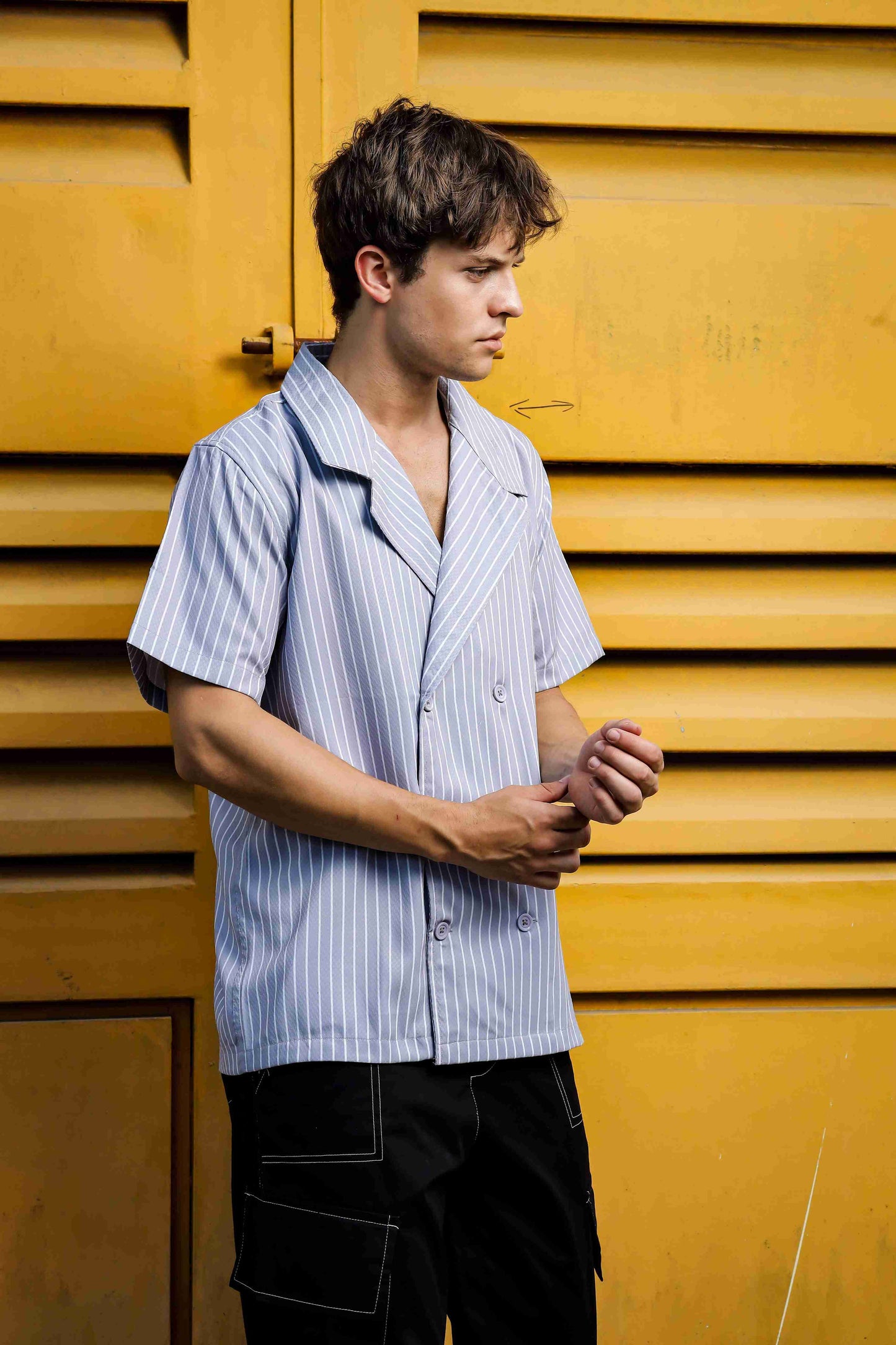 Grey PinStripe Textured Korean Notched Lapel Collar Resort Shirt