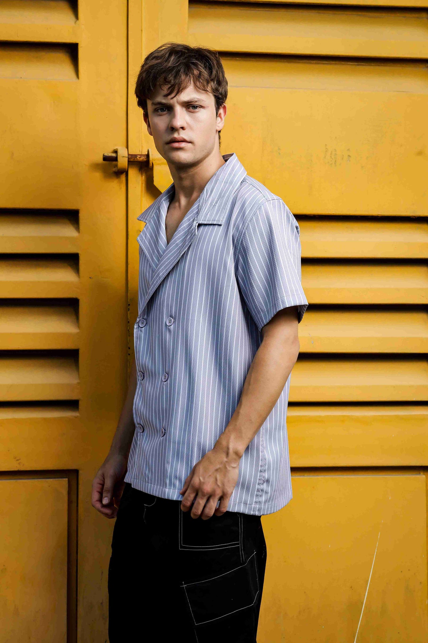 Grey PinStripe Textured Korean Notched Lapel Collar Resort Shirt