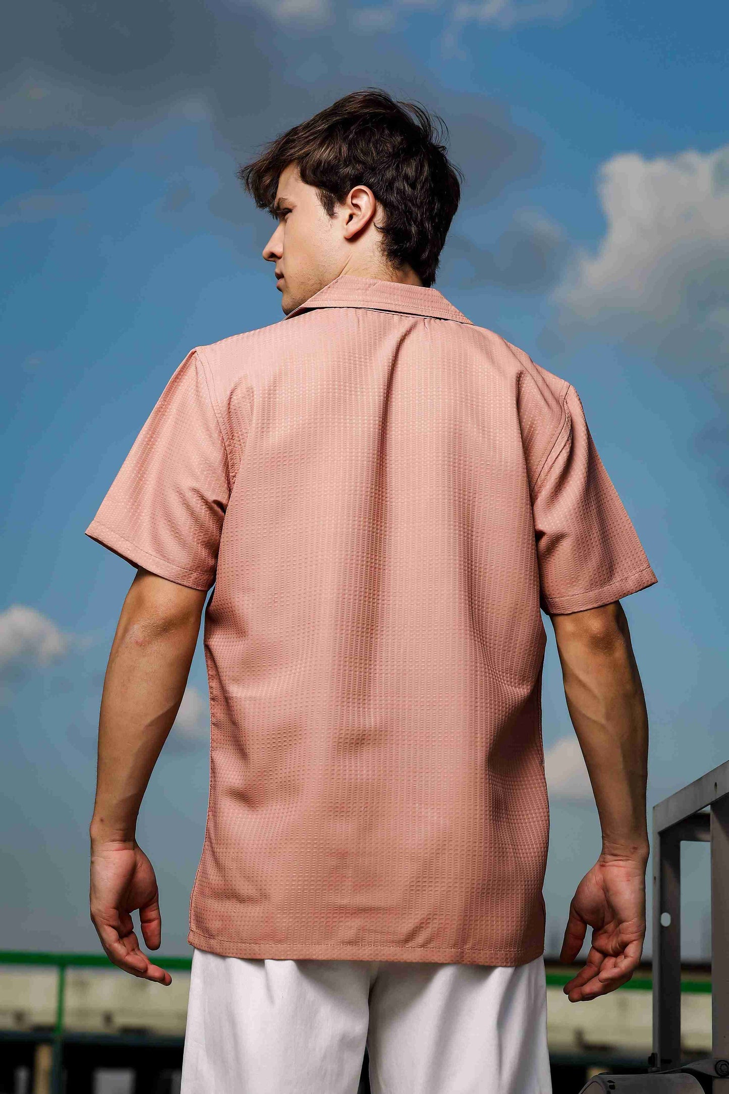 Peach Textured Fabric Korean Notched Lapel Collar Relaxed Fit Resort Shirt