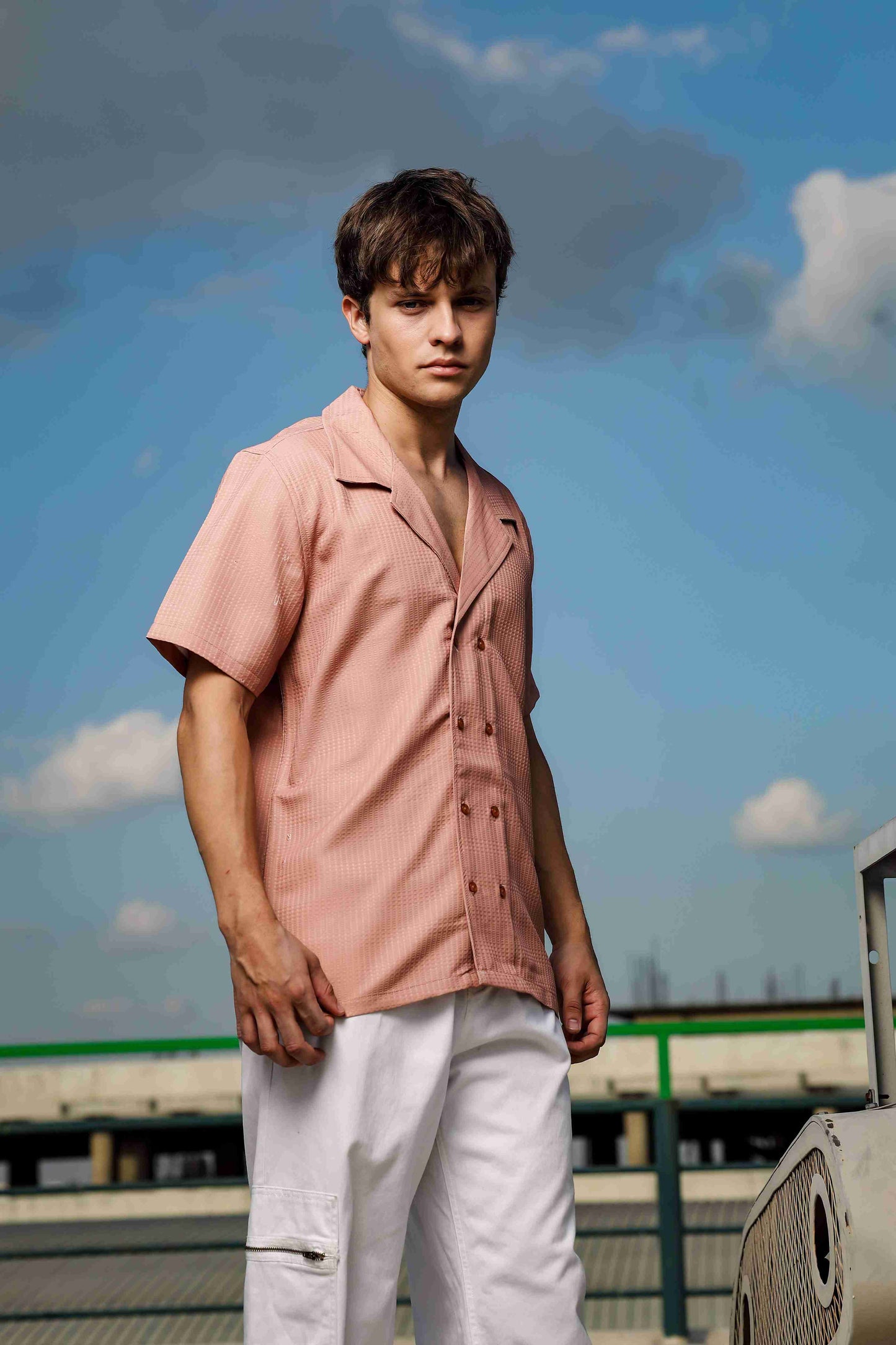 Peach Textured Fabric Korean Notched Lapel Collar Relaxed Fit Resort Shirt