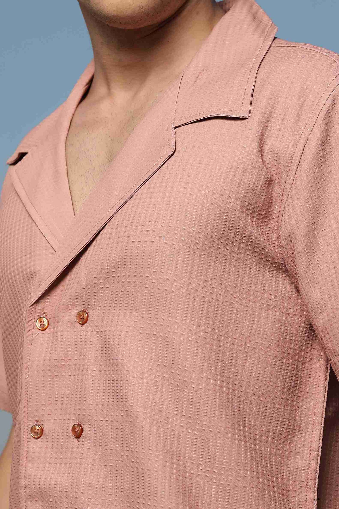 Peach Textured Fabric Korean Notched Lapel Collar Relaxed Fit Resort Shirt
