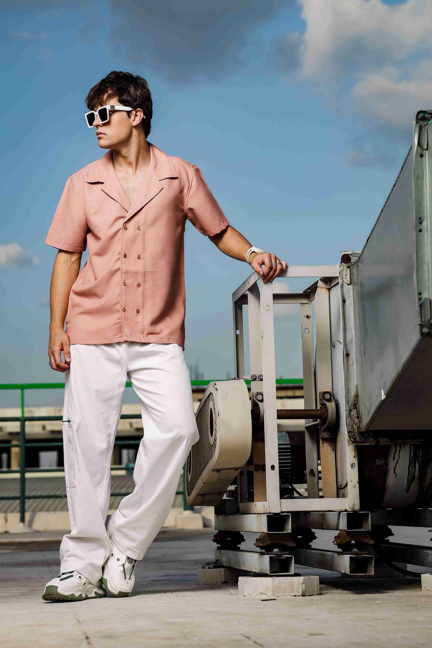 Peach Textured Fabric Korean Notched Lapel Collar Relaxed Fit Resort Shirt
