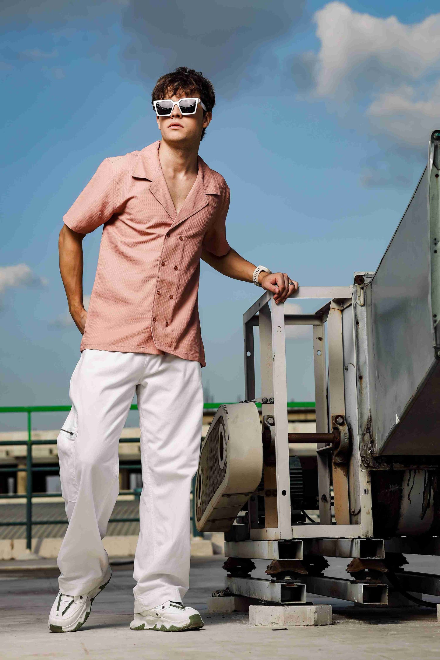 Peach Textured Fabric Korean Notched Lapel Collar Relaxed Fit Resort Shirt