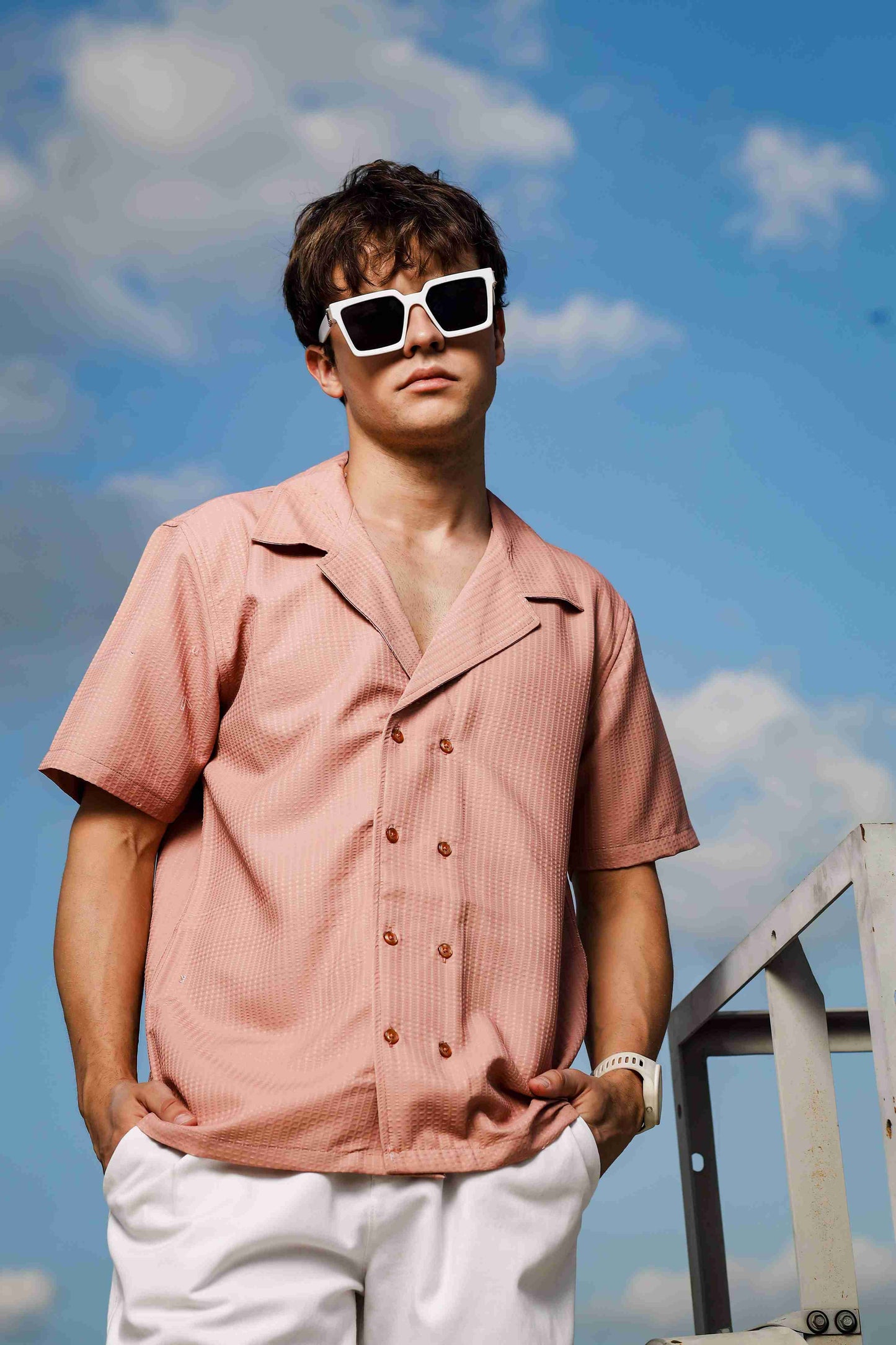 Peach Textured Fabric Korean Notched Lapel Collar Relaxed Fit Resort Shirt