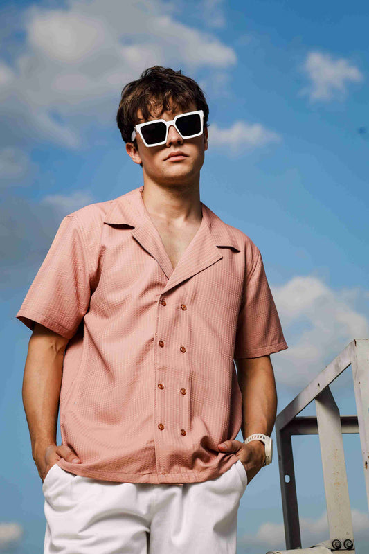 Peach Textured Fabric Korean Notched Lapel Collar Relaxed Fit Resort Shirt