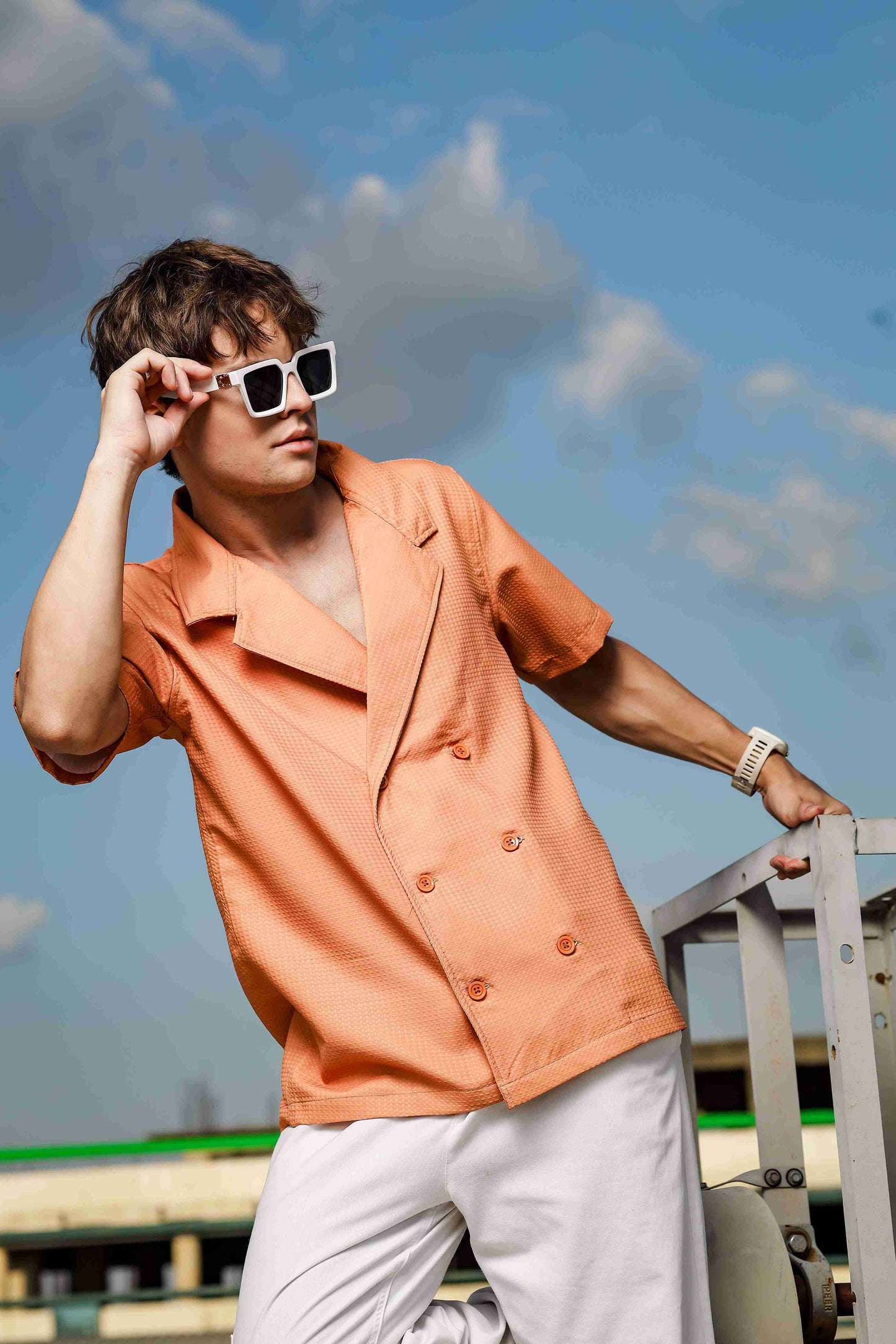Textured Camel Korean Notched Lapel Collar Resort Shirt