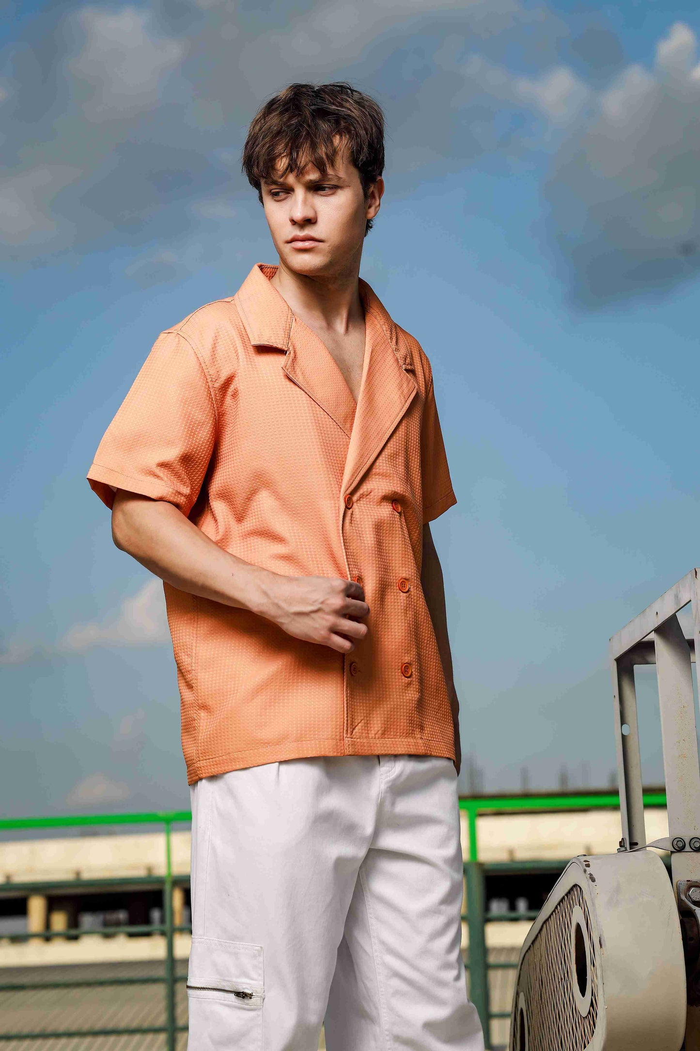 Textured Camel Korean Notched Lapel Collar Resort Shirt